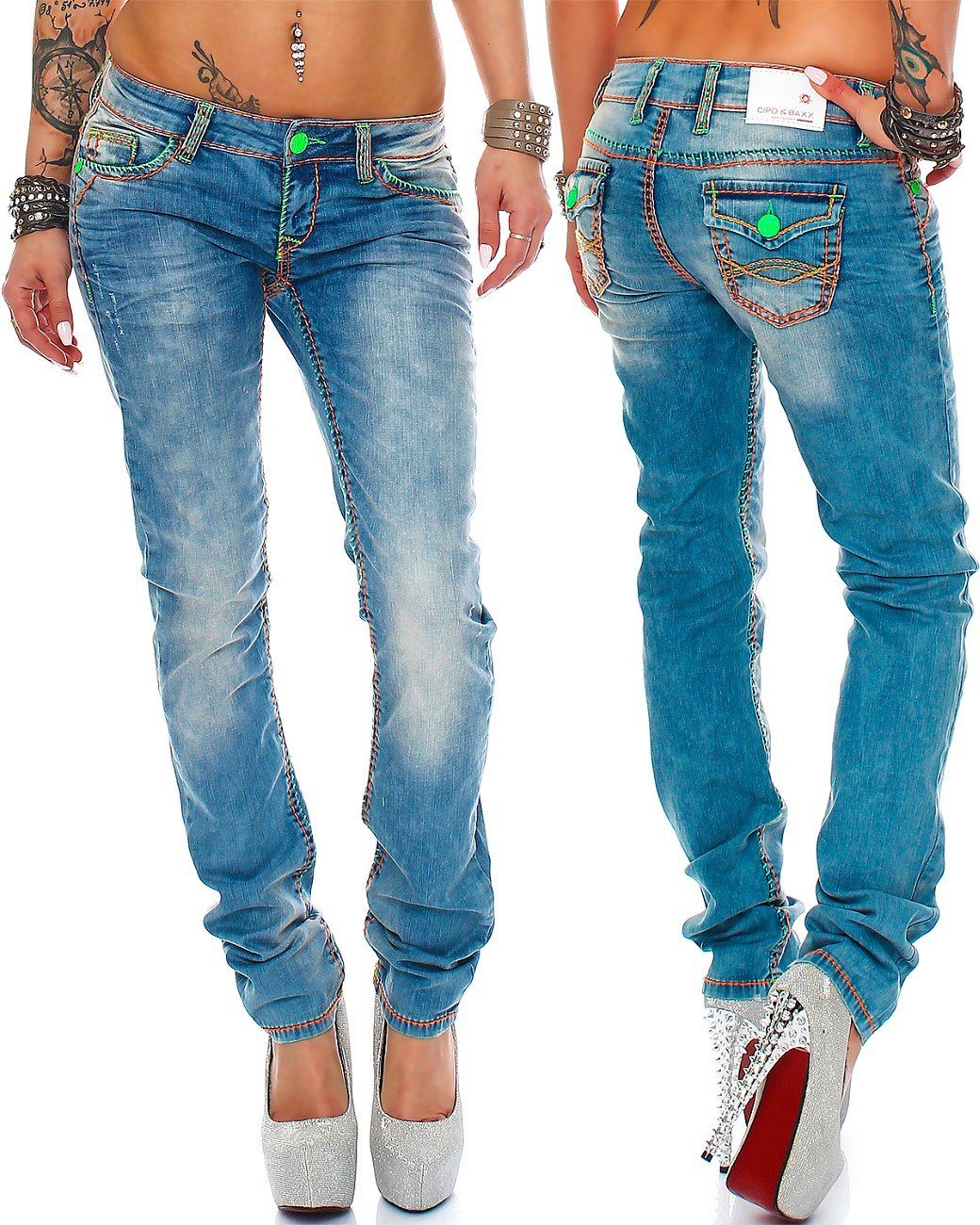 Cipo & Baxx 5-Pocket-Jeans Damen Slim Fit Hose Stonewashed BA-CBW0445 (1-tlg) Neon Farbige Akzente Stonewashed mit Kontrastnaht