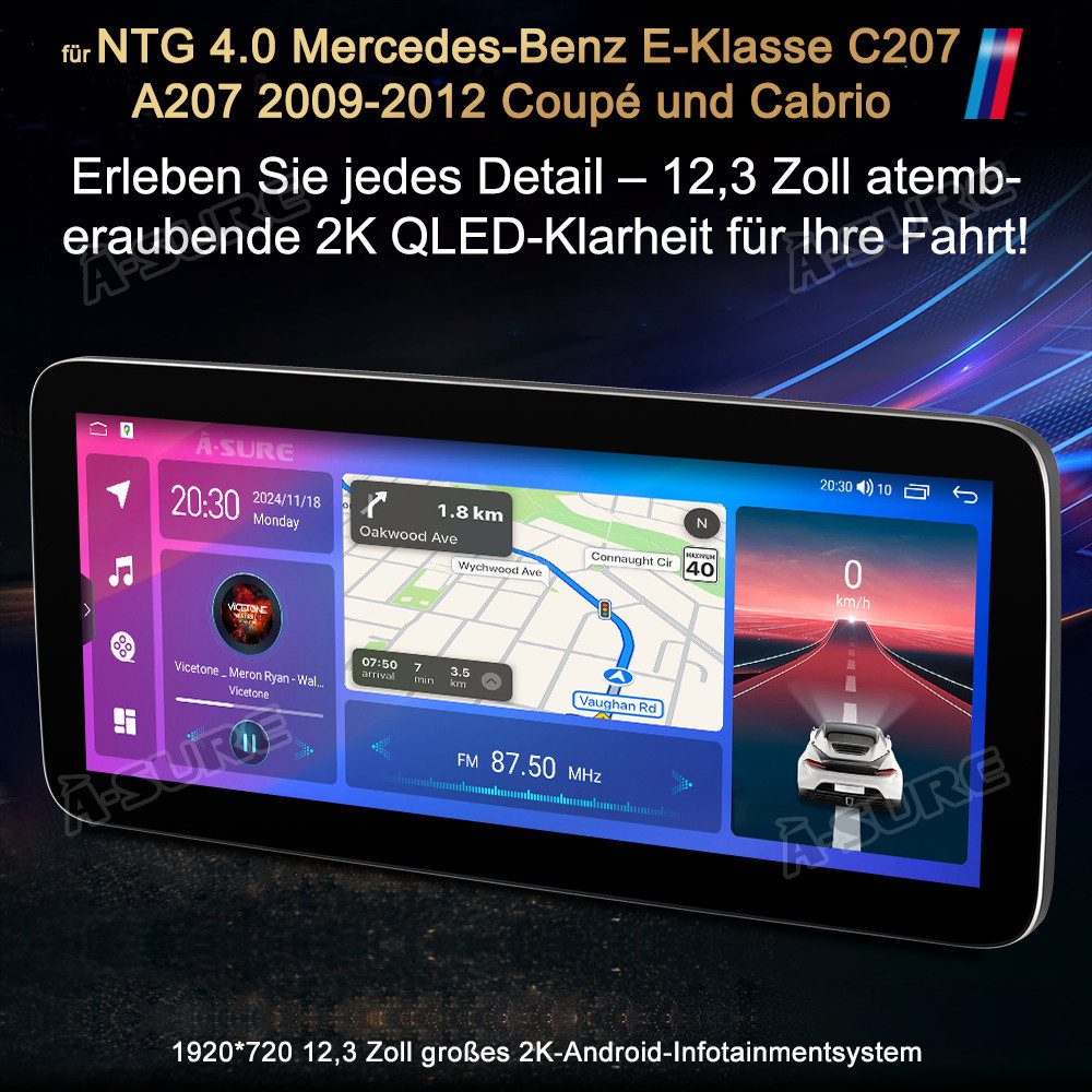 A-Sure 12.3" 2K Android 15 Navi Für Mercedes Benz E-Klasse A207 C207 NTG 4.0 Autoradio (Digitalradio (DAB), 1920*720, FM, 2K, AM, 12.3)