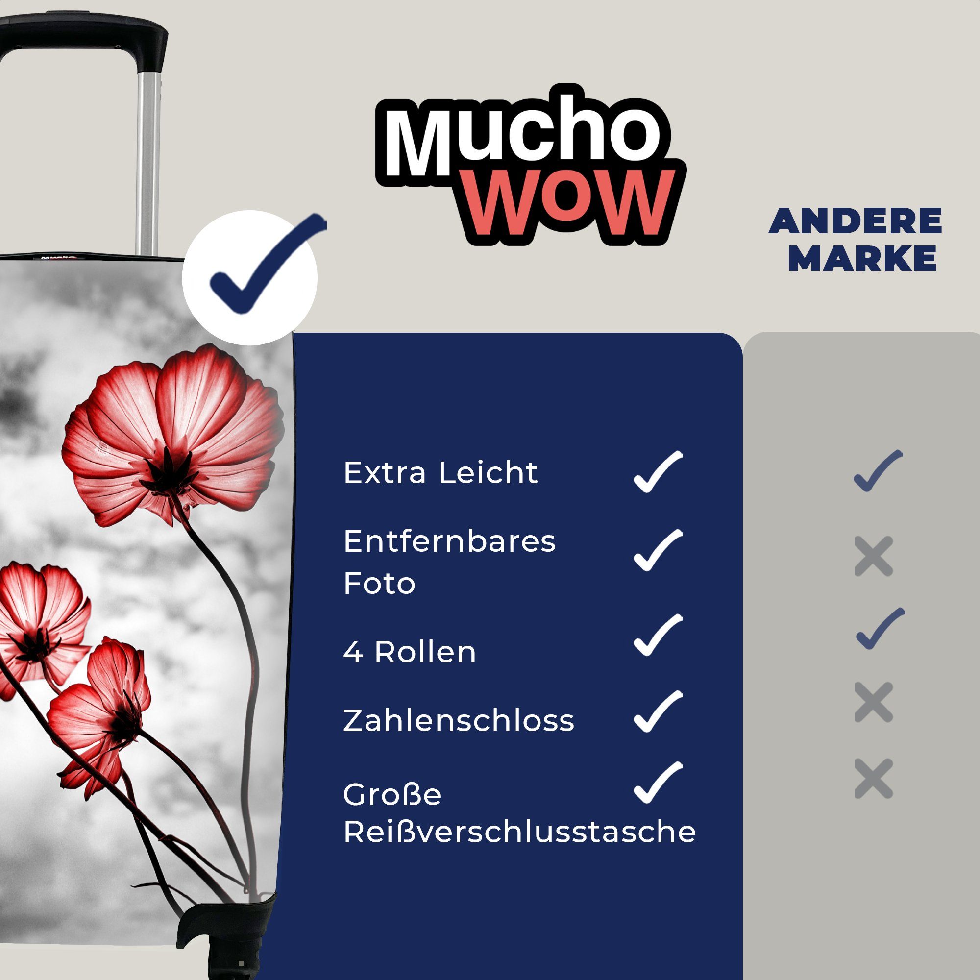 Reisekoffer Schwarz Reisetasche rollen, MuchoWow - - Handgepäck Weiß Ferien, Blumen 4 Rot, Rollen, für Trolley, - mit Handgepäckkoffer