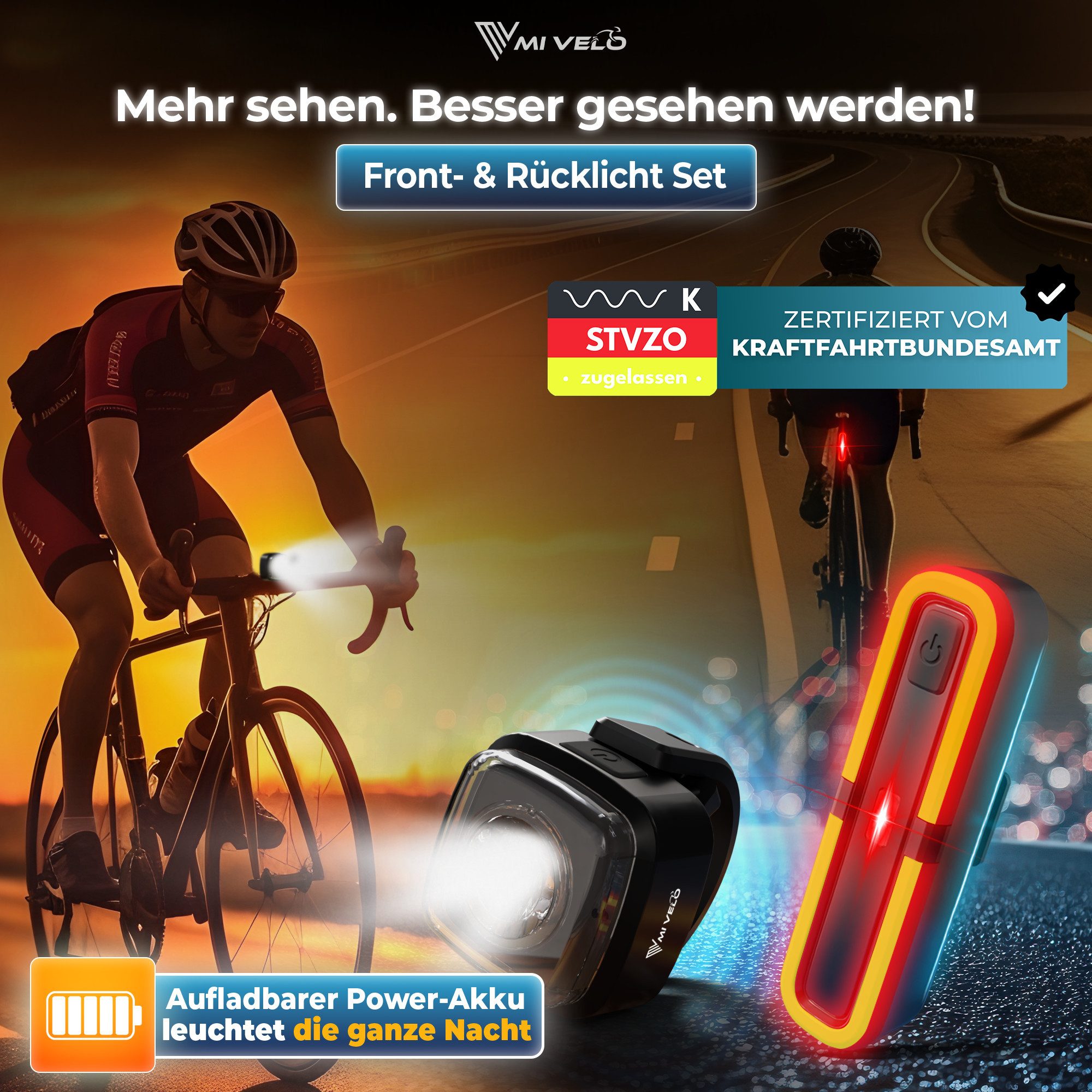 MIVELO Fahrradbeleuchtung COB Pro Fahrradlicht LED Set mit Bremsfunktion Akku USB aufladbar, StVZO zugelassen