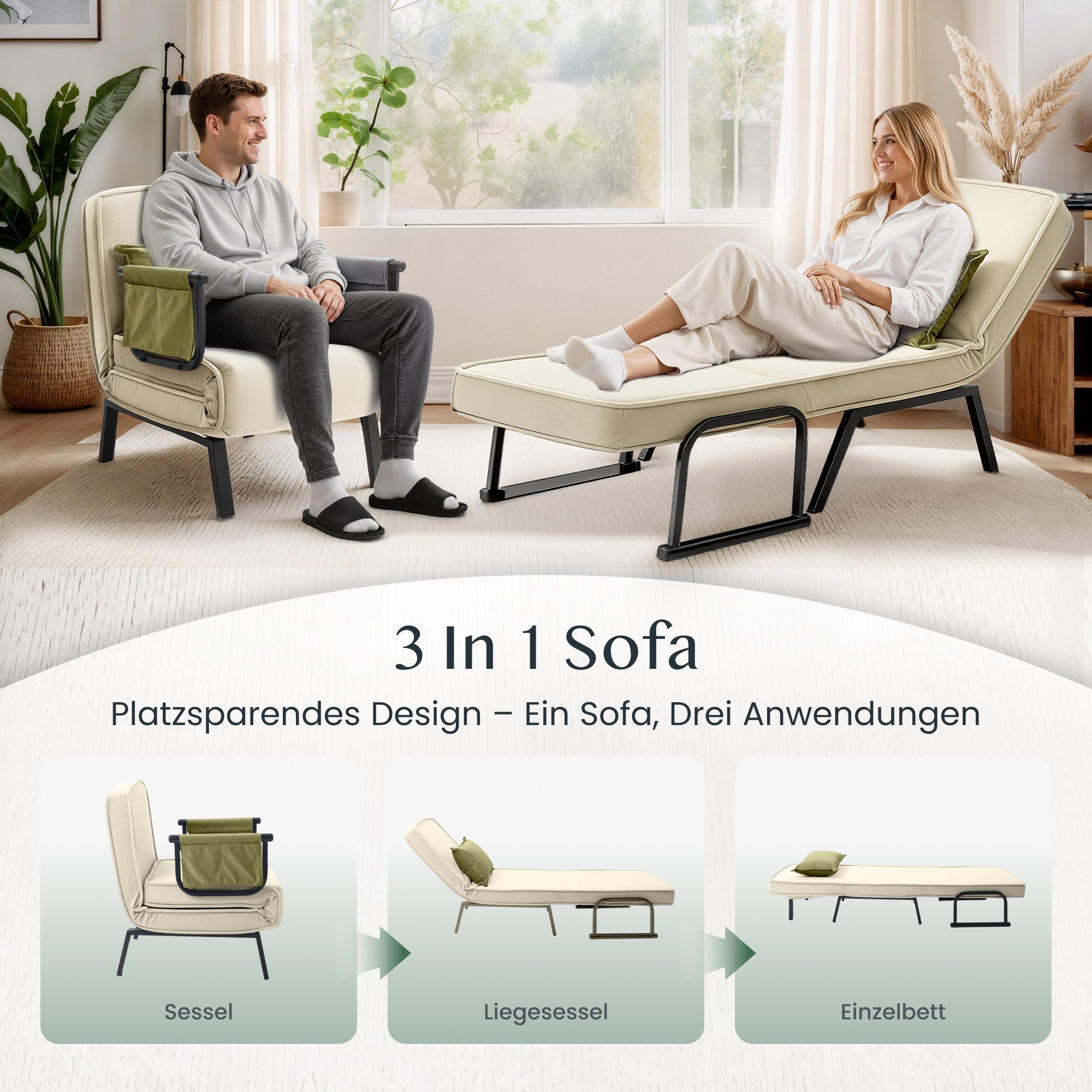 FLEXISPOT Loungesessel 3-in-1 Schlafsessel mit Bettfunktion, Verstellbare Rückenlehne (Gästebett & Schlafsofa aus Leinen mit Seitentasche, Klappbare Beine), Platzsparend für Wohnzimmer, Schlafzimmer oder Büro