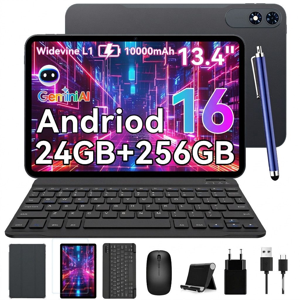 TABWEE Android 16 13.4" mit Tastatur/Maus/Stift/Kopfhörer 10000mAh 120HZ Tablet (13.4", 256 GB, Android16, 10000 mAh, Android 16, Gemini AI, mit Zubehör, Kabel-Headset)