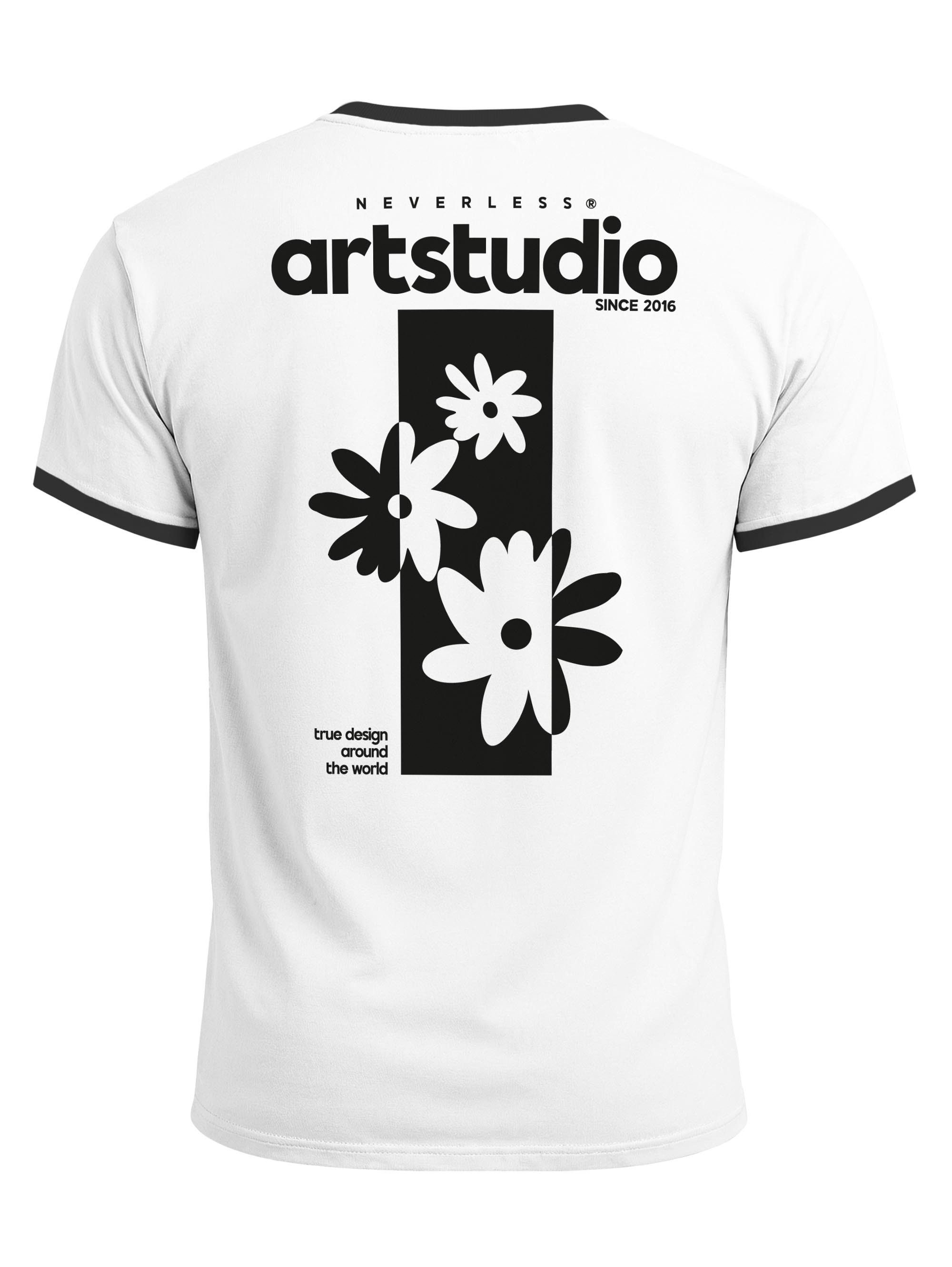 Neverless Print-Shirt Herren T-Shirt Retro Kontrastbund - Design Artstudio Flowers - mit Print