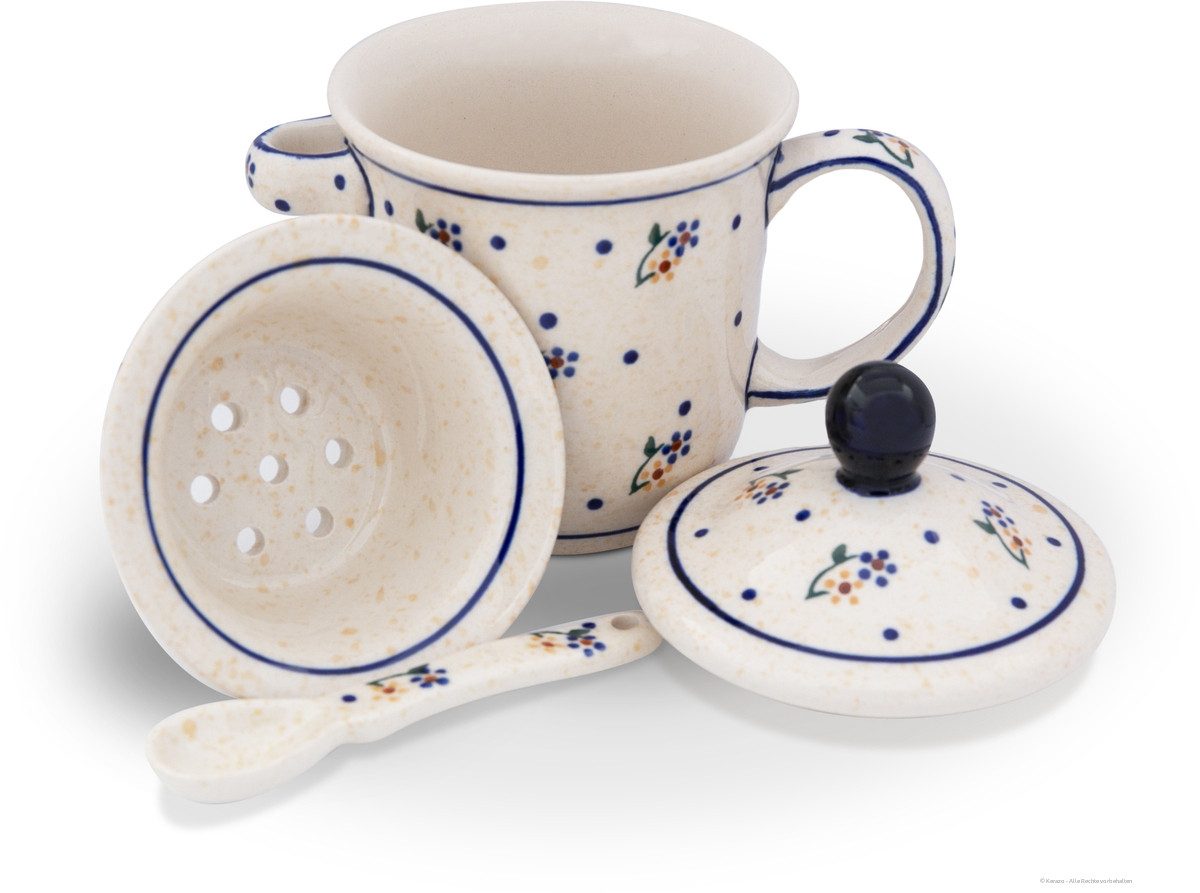 Bunzlauer Keramik Becher Bunzlauer Keramik 270ml Teebecher mit Deckel, Teesieb,Löffel Dekor 111, Keramik