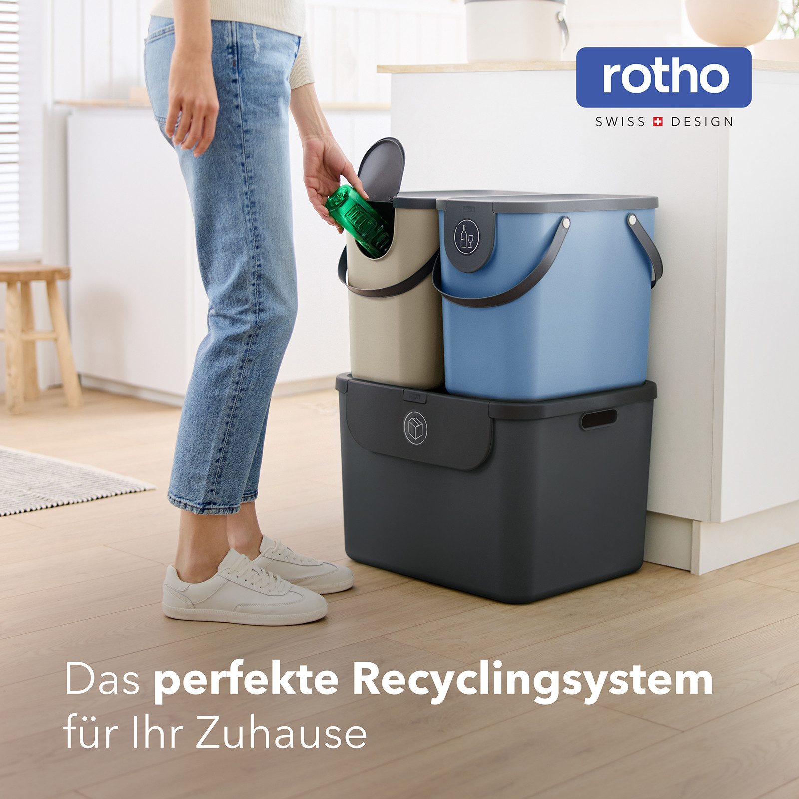ROTHO Mülltrennsystem ALBULA Mülleimer Set 55 l und 2x25 l Behälter mit Deckel stapelbar, Modulares Mülltrennsystem für flexible Abfallorganisation