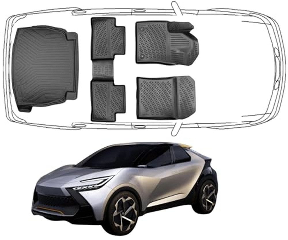 Trimak Passform-Fußmatten Oder Kofferraumwanne Oder Set kompatibel mit Toyota C-HR, Toyota C-HR ab 2024 Gummimatten Auto & Kofferraummatte TPE Antirutsch