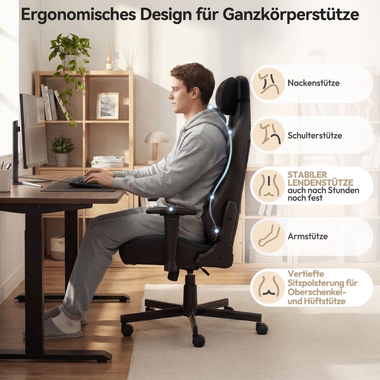 HOMALL Gaming-Stuhl gaming stuhl,mit verstellbarer Lendenstütze 6°-35°, 2D-Armlehnen,Rückenlehne 90°-135° verstellbar,150kg Belastbarkeit