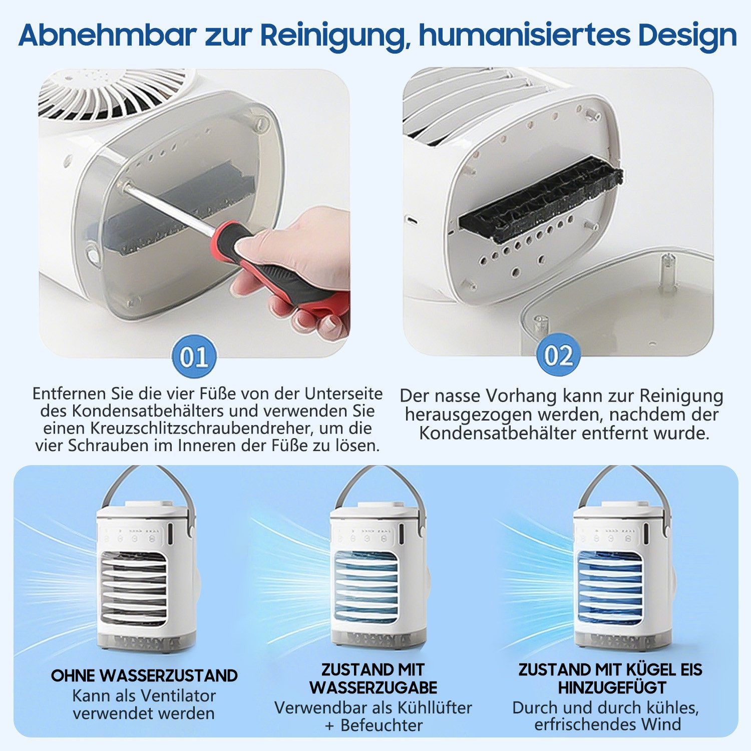 MOPUEA Standventilator Turmventilator Tischklimagerät Kühlventilator Mini Ventilator 4 Stufen, Mobiler Luftkühler Klimagerät Ventilatorkombigerät mit Wasserkühlung