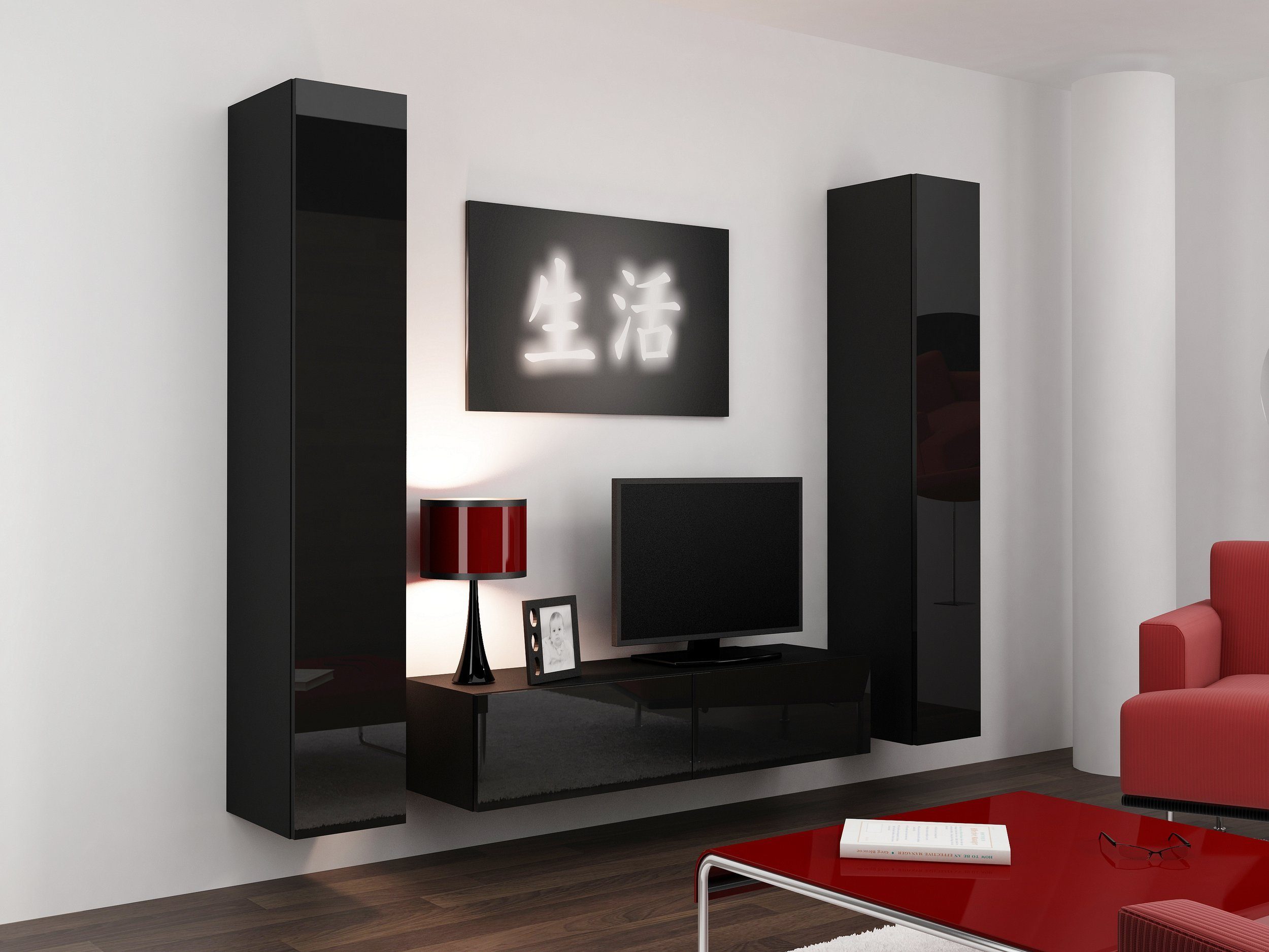 Stylefy Wohnwand Vago IX, (Set (3-St), Wohnmöbel, Wohnzimmer-Set), bestehend aus 1xLowboard und 2xHängeschrank, Hochglanzfronten, mit Push-to-Open, Modern Design Schwarz/Schwarz Hochglanz
