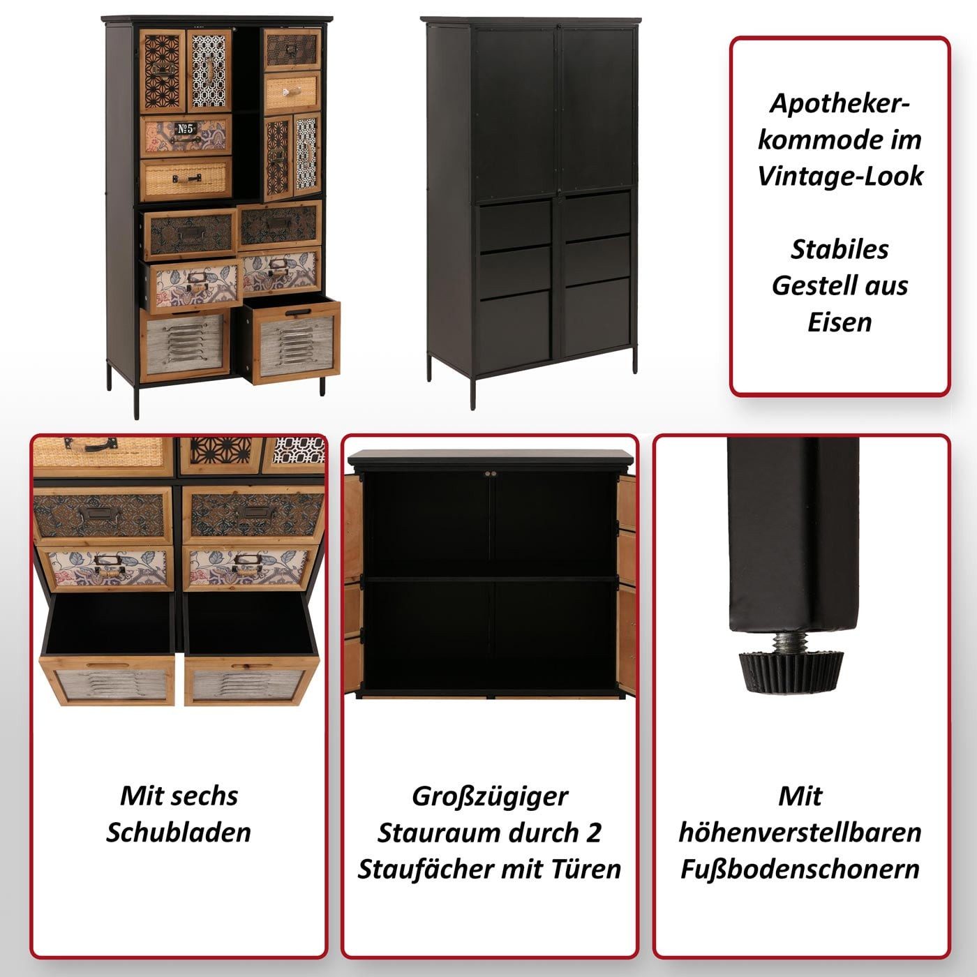 MCW Apothekerschrank MCW-O80-nbM Mit sechs Schubladen, Im Vintage-Look