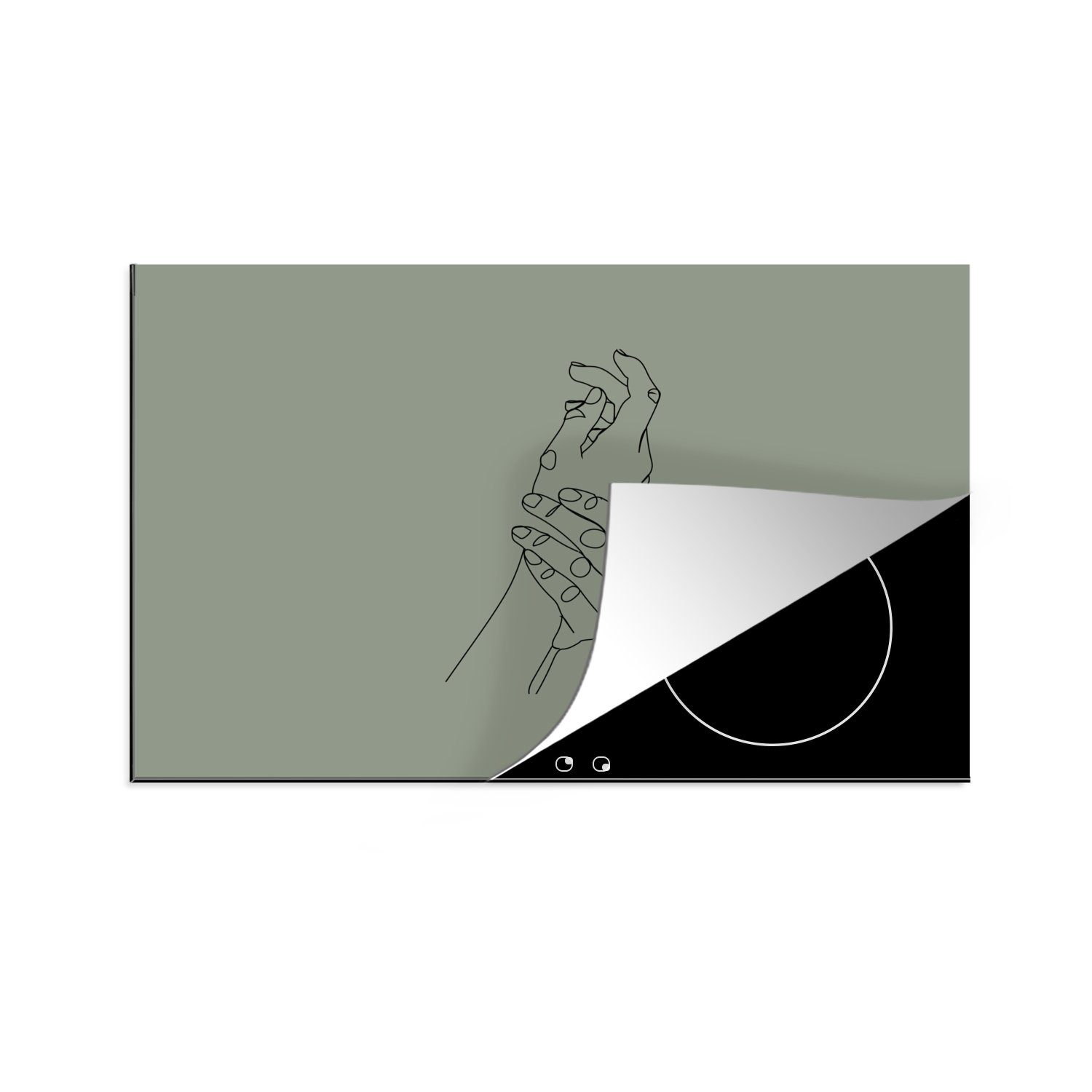 MuchoWow Herdblende-/Abdeckplatte Hand - Strichzeichnung - Grün, Vinyl, (1 tlg), 81x52 cm, Induktionskochfeld Schutz für die küche, Ceranfeldabdeckung