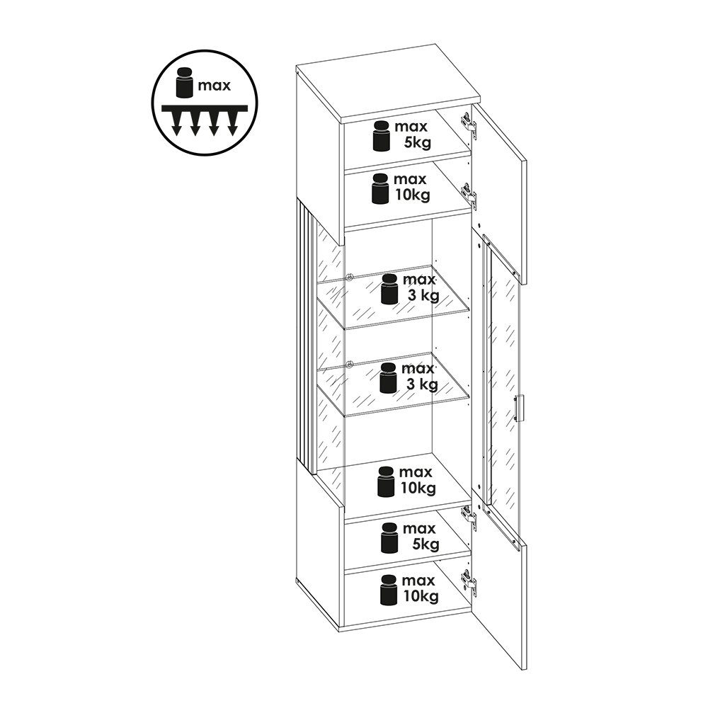 Vitrine grau ASHBURTON-129 Hängeschrank, Rillenoptik, Beleuchtung mit Lomadox inkl. Eiche,