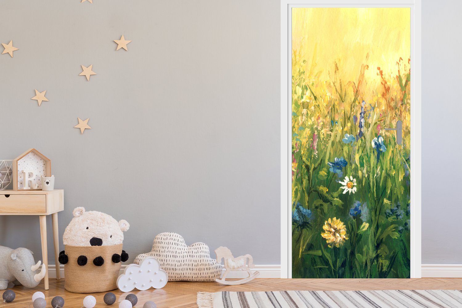 MuchoWow Türtapete Blumen - Aquarell - Sonne, Matt, bedruckt, (1 St), Selbstklebende Tapete, Folie für Möbel, 75x205 cm – Bild 3 von 5