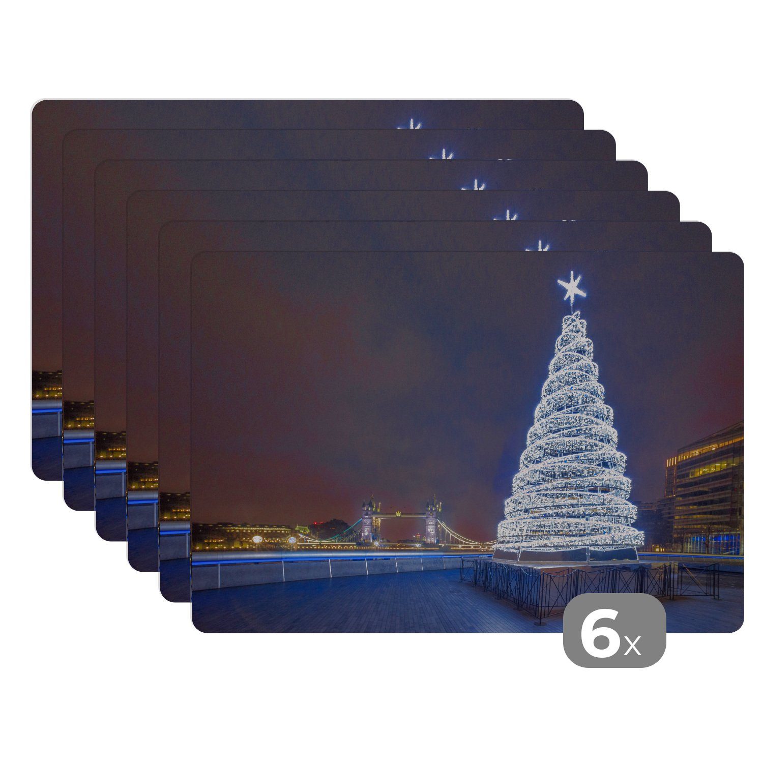 Platzset, Ein beleuchteter an Schmutzabweisend der Weihnachtsbaum England, Platzset, MuchoWow, Platzmatte, Platzdecken, in Tischmatten, Tower Bridge (6-St)