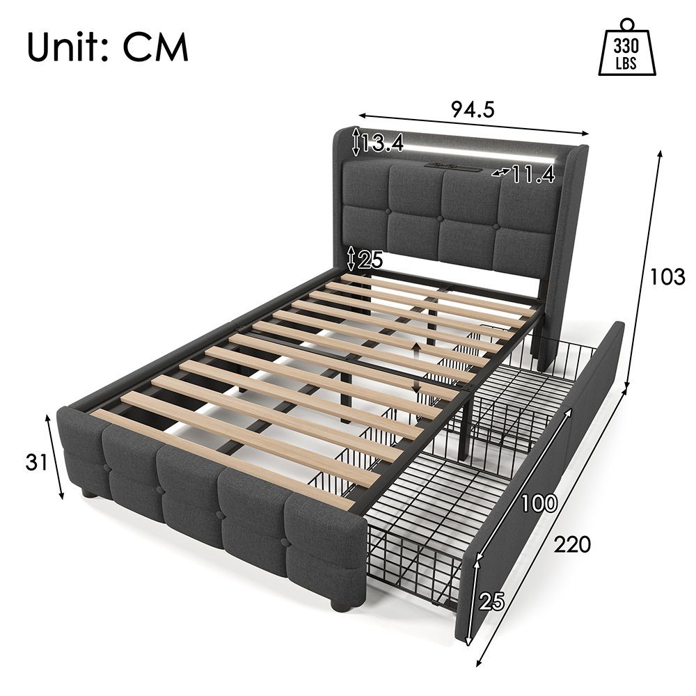Polsterbett (Stauraumbett mit Lattenrost), Einzelbett 90x200cm mit LED-Beleuchtung, Ladefunktion und 2 Schubladen