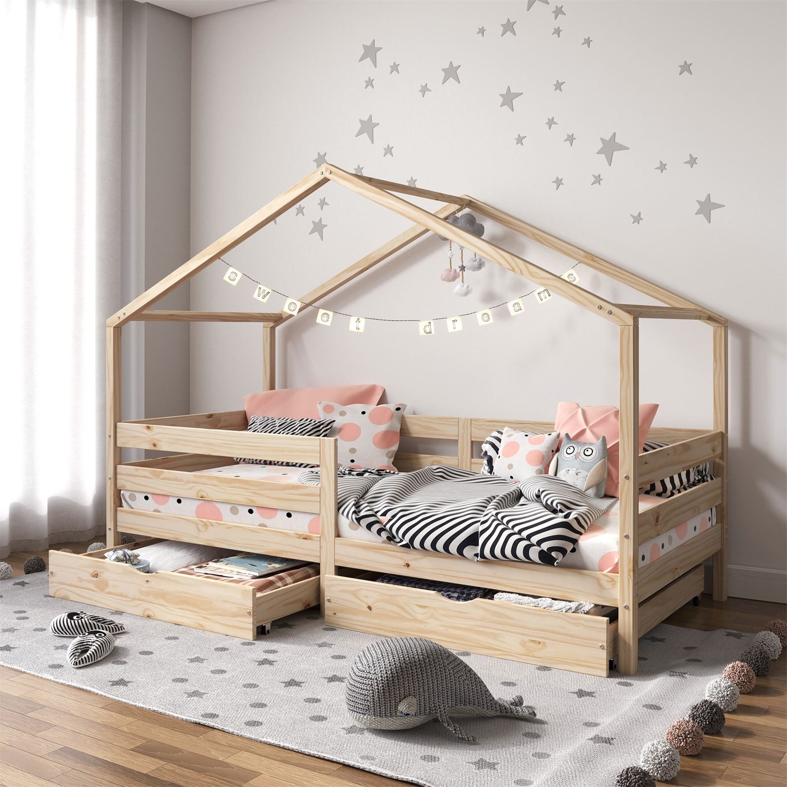 IDIMEX Kinderbett ENA, Hausbett Montessori 90 x 200 Bett Rausfallschutz Kiefer Schubladen Kin