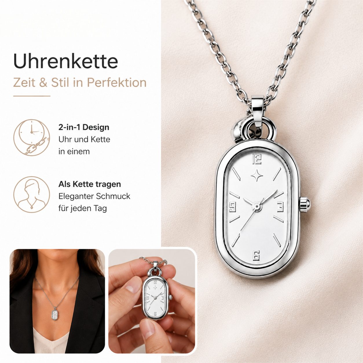 ibettertec Quarzuhr Damenuhr,Kette mit Anhänger,Damenhalskette mit Uhr, (Schmuck, Geschenk, für Damen,Länge verstellbar), Edelstahlkette,Damenuhr,Elegante Uhrenkette,3ATM wasserdicht