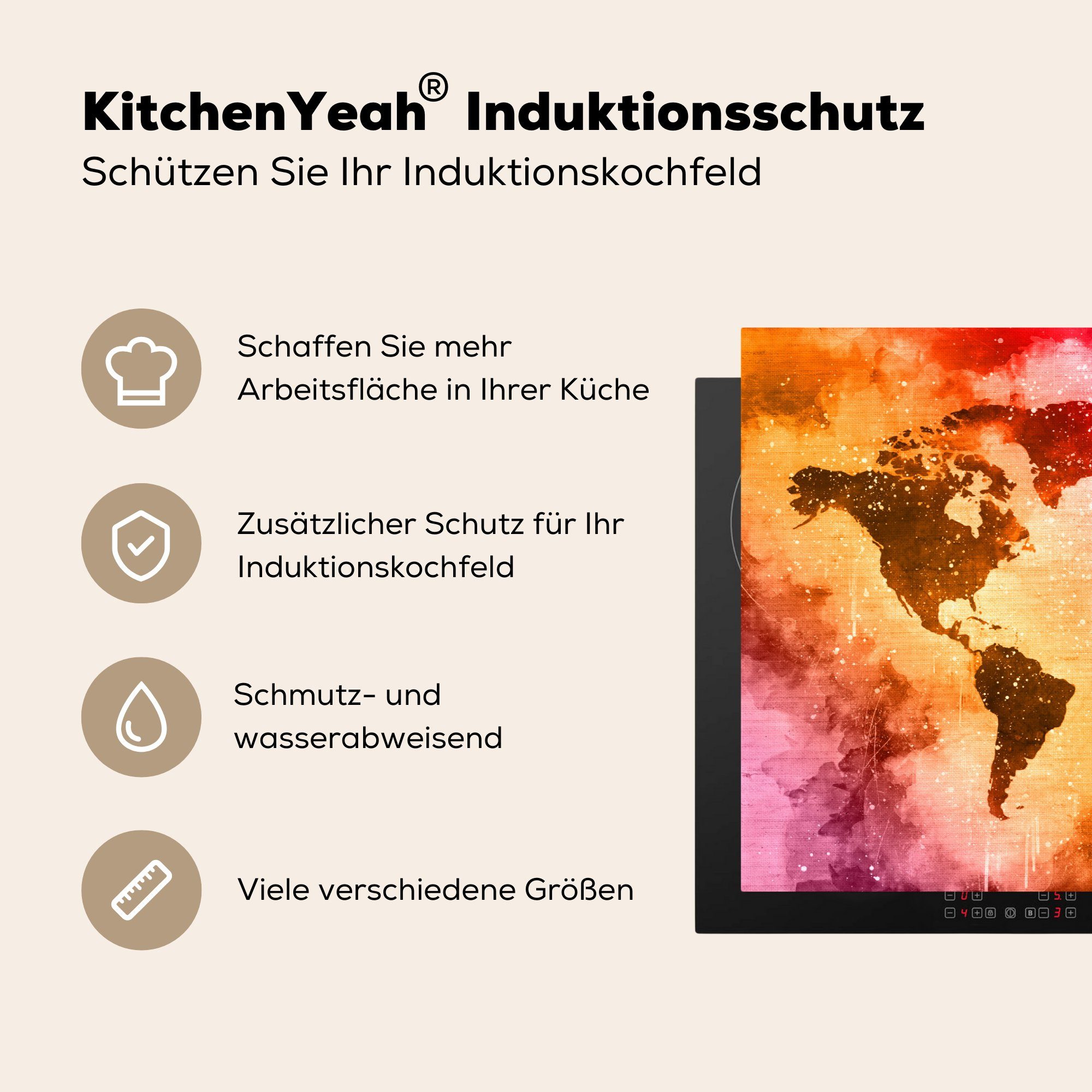 - Ceranfeldabdeckung 81x52 Weltkarte (1 MuchoWow für Farben, cm, tlg), Schutz küche, - Induktionskochfeld Herdblende-/Abdeckplatte die Vinyl, Farbe