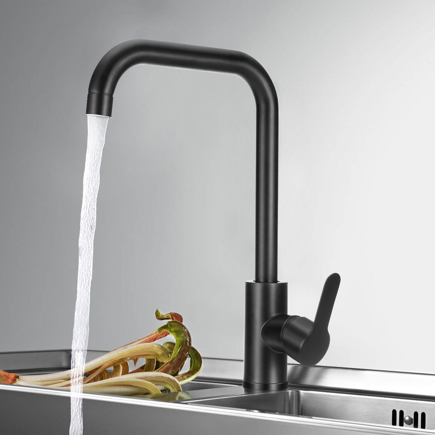 iscooter Küchenarmatur Wassersparend-Wasserhahn Küche 360° Drehung, aus  Edelstahl Mischbatterie mit 60cm Kaltes Warmes Wasser G1/2'' Schläuche,  Schwarz