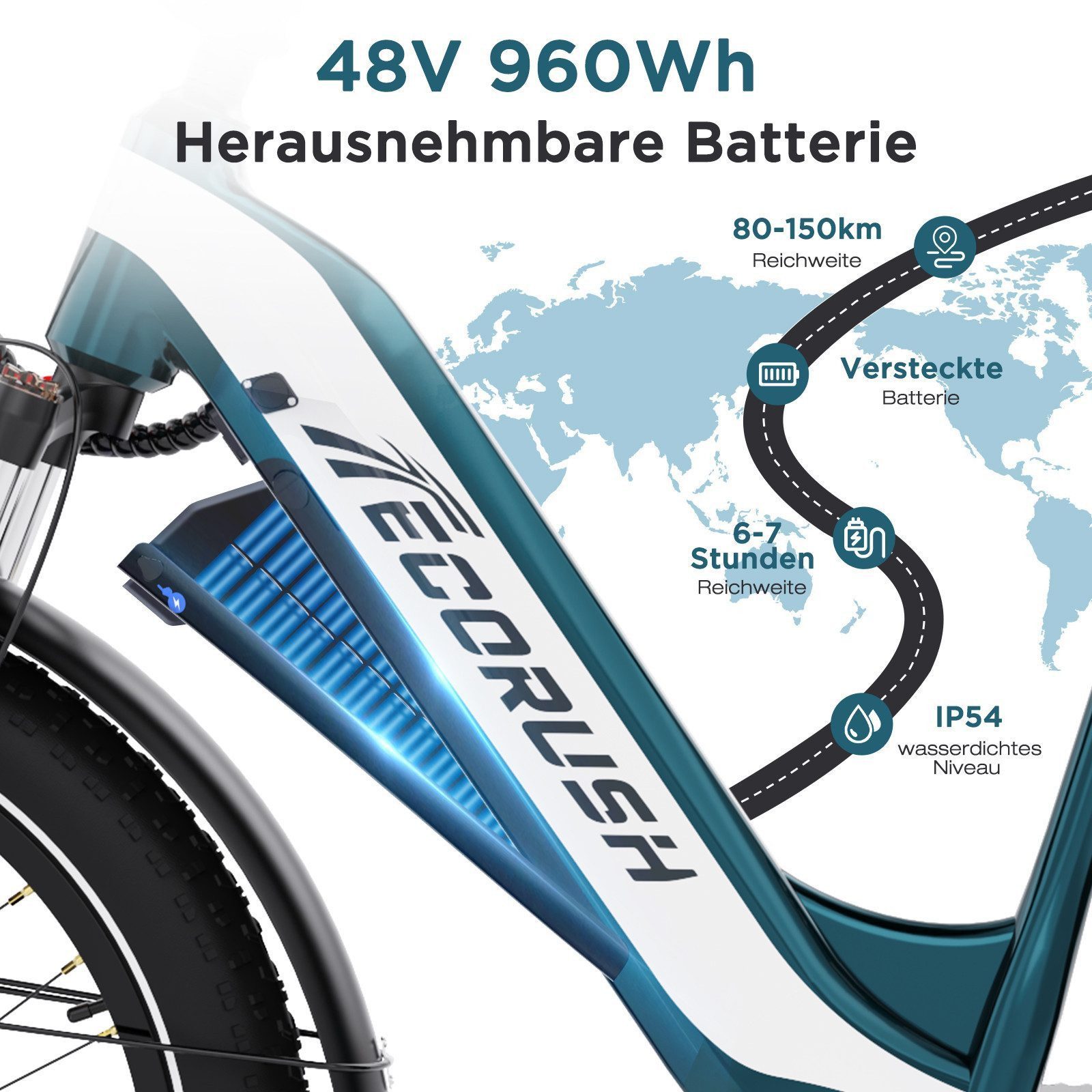 ECORUSH E-Bike Trekkingrad R3 Elektrofahrrad, 26 * 4.0 Breite Reifen mit48V20Ah Akku, 7 Gang shimano shimano Schaltwerk, Kettenschaltung, Heckmotor, 960 Wh, Vollfederung, Pedelc, E-Mountainbike für Erwachsene