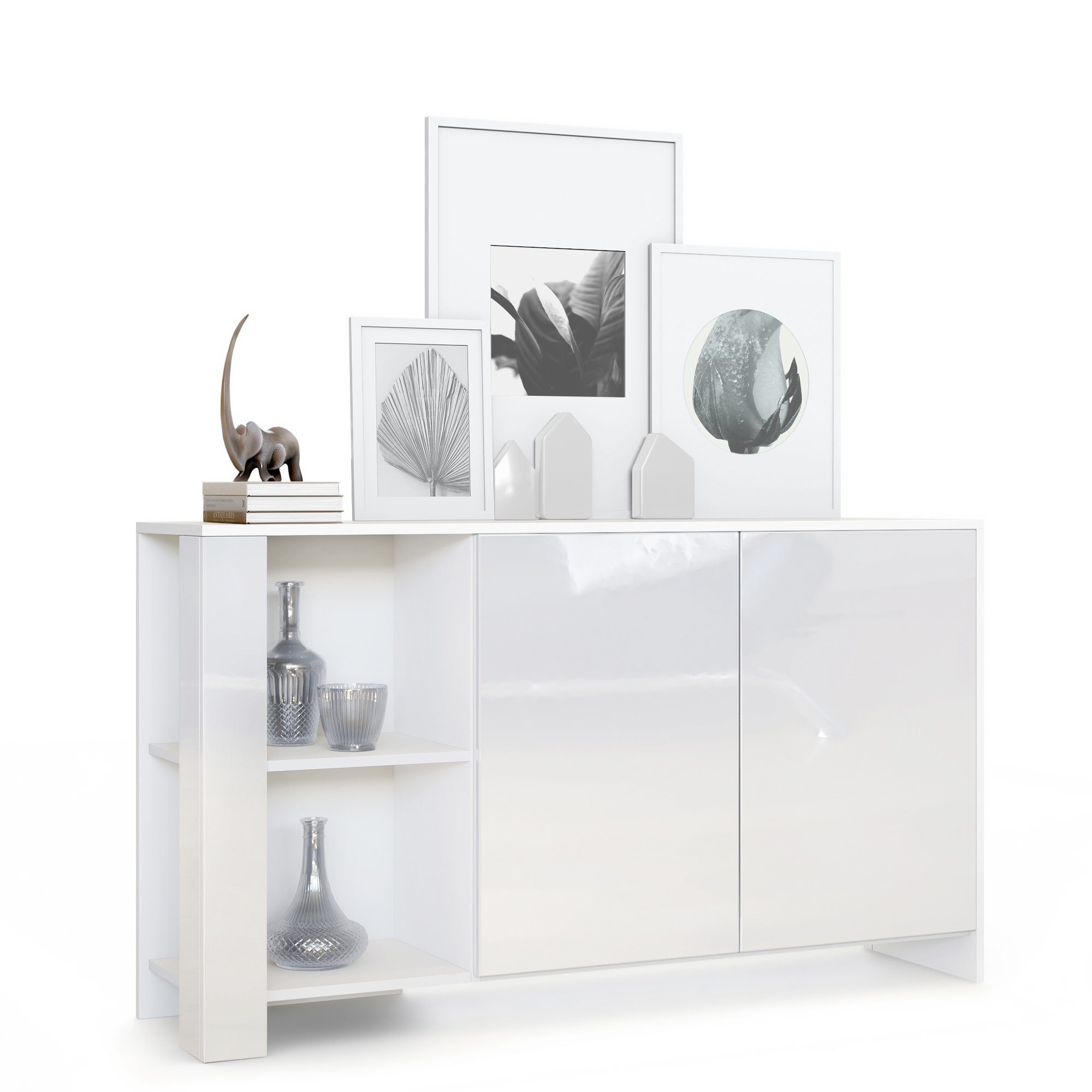 Vladon Sideboard Canto (Sideboard, mit 2 Türen und 6 Fächern), Weiß matt, Weiß Hochglanz, Weiß Hochglanz
