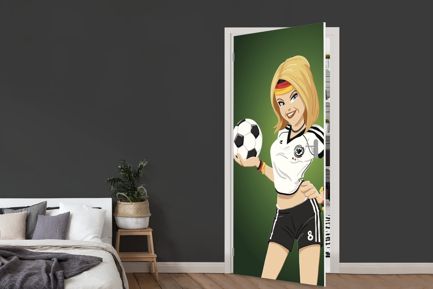 für bedruckt, Fußball eines mit Tür, Illustration einem Matt, Fototapete -, Mädchens Türtapete deutscher (1 cm St), Kleidung 75x205 und Türaufkleber, MuchoWow