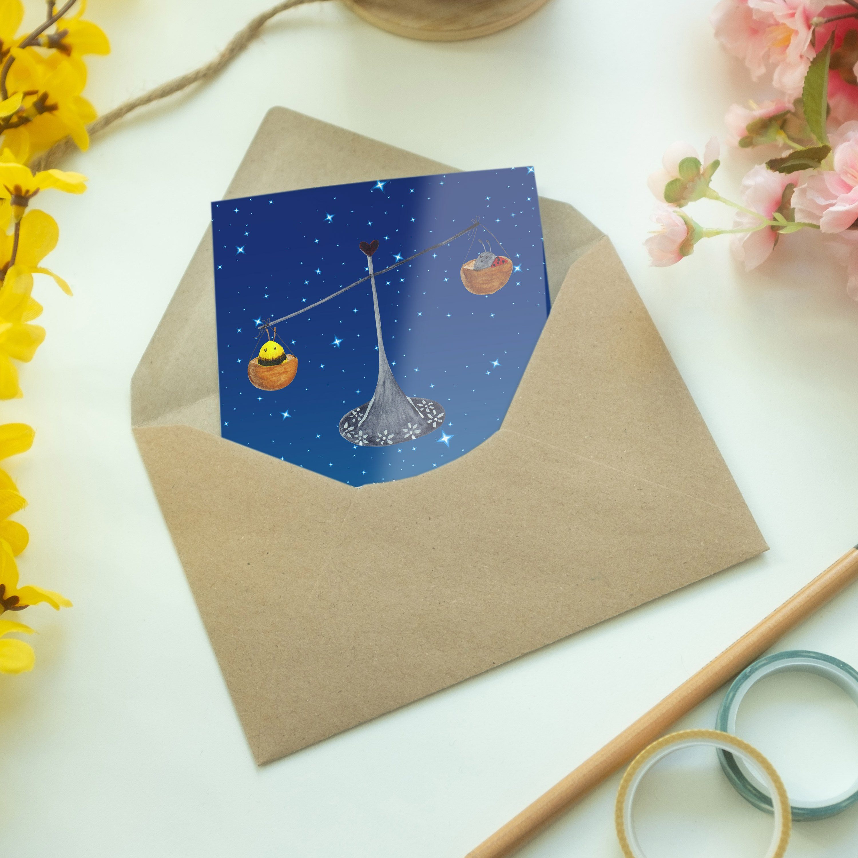Mr. & Mrs. Panda Grußkarte Geschenk Geschenk, Waage Oktober Sternzeichen Blau Sternenhimmel - 