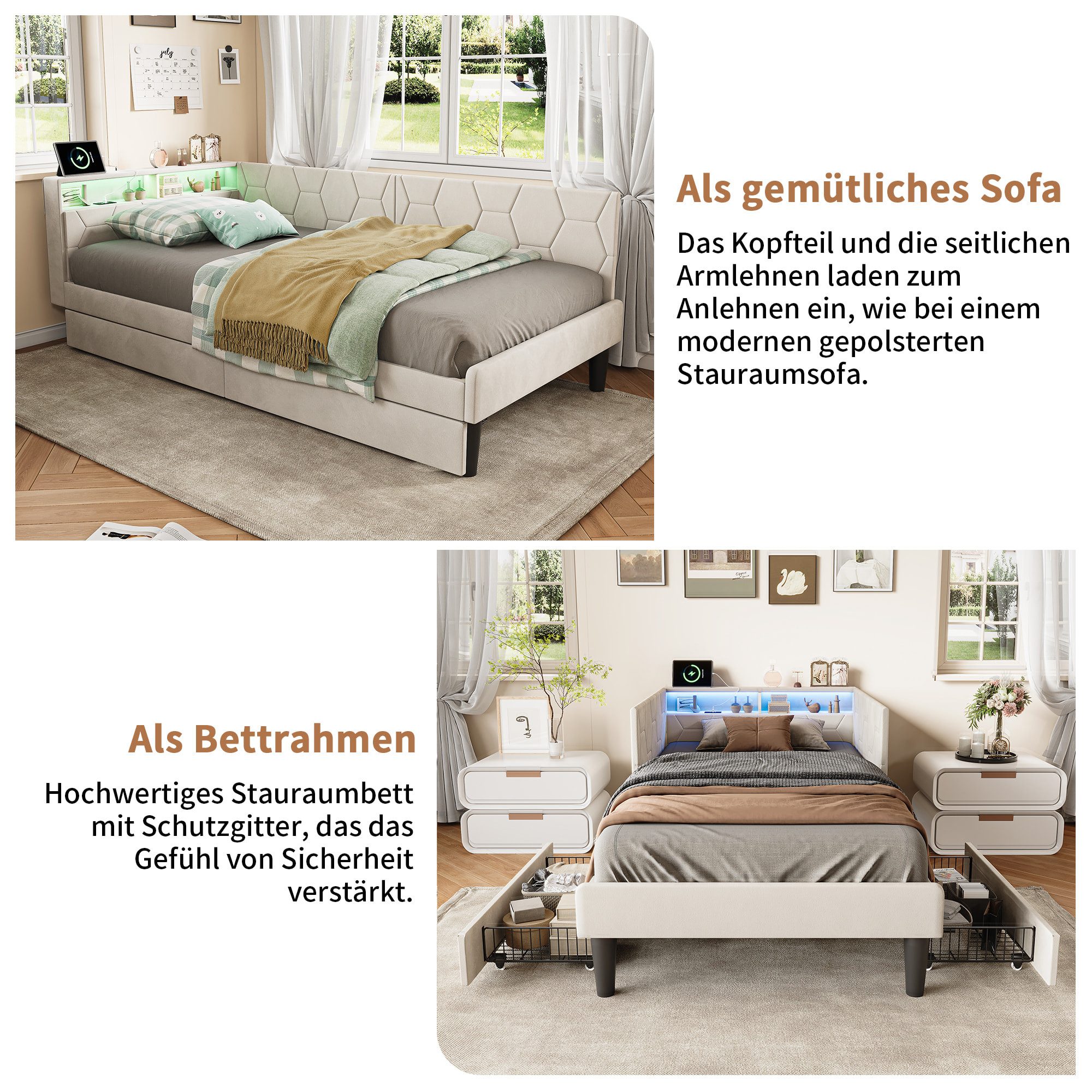 Simurq Daybed Tagesbett 90x200 mit Schubladen, Gästebett, Jugendbett, Polsterbett, Mit Lattenrost, USB Port & LED, samt, L-Form – Bild 5 von 5