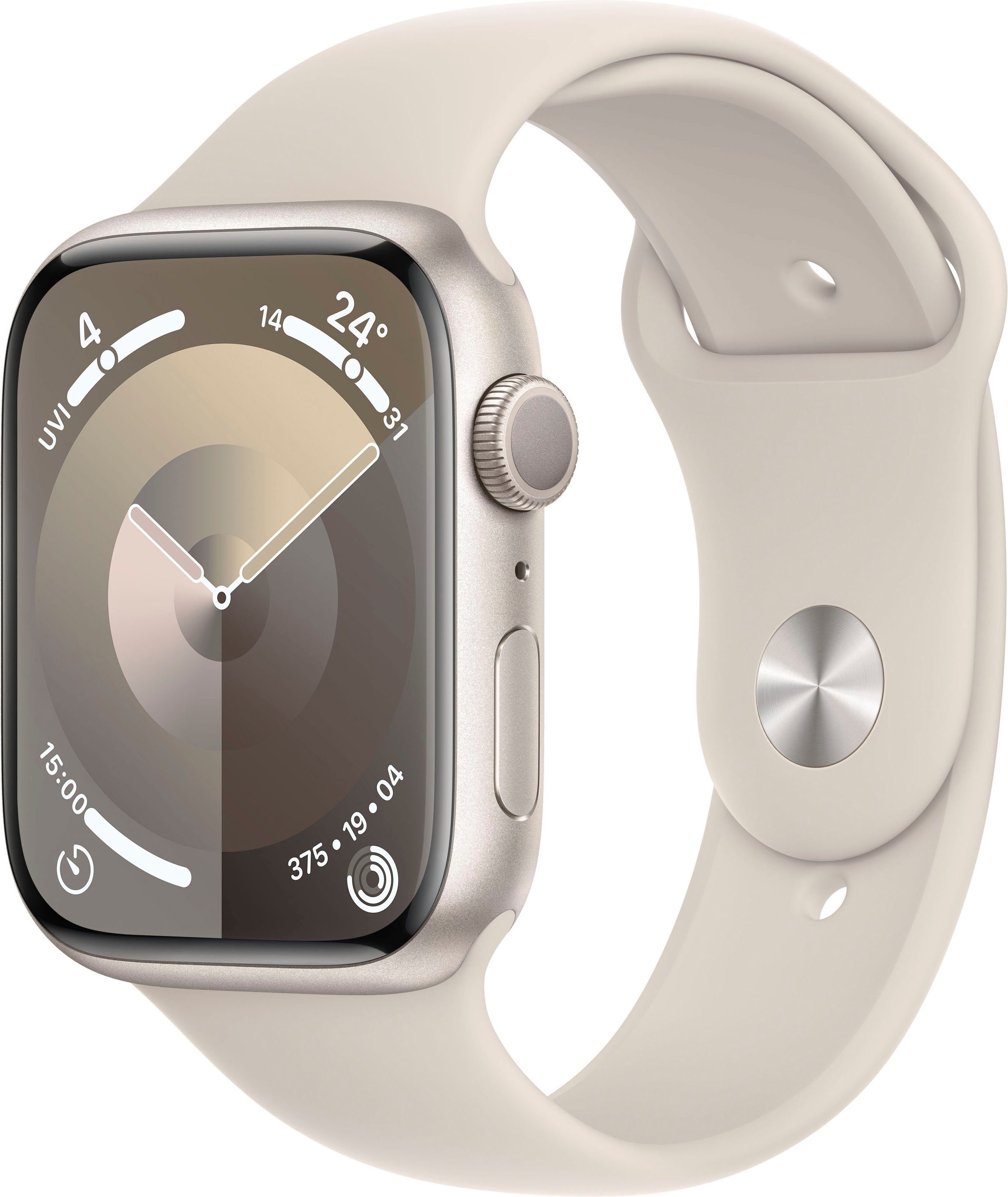 Apple Watch Series 9 GPS Aluminium 45mm S/M Smartwatch (4,5 cm/1,77 Zoll, Watch OS 10), Sport Band Polarstern | Polarstern