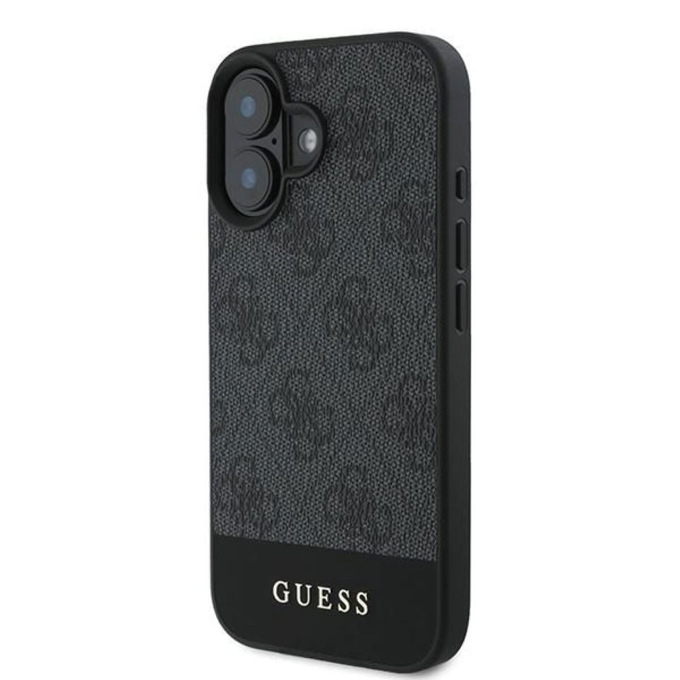 Guess Handyhülle iPhone 16 Kunstleder Muster grau Logo Schrift goldfarbig 6,1 Zoll, Kantenschutz