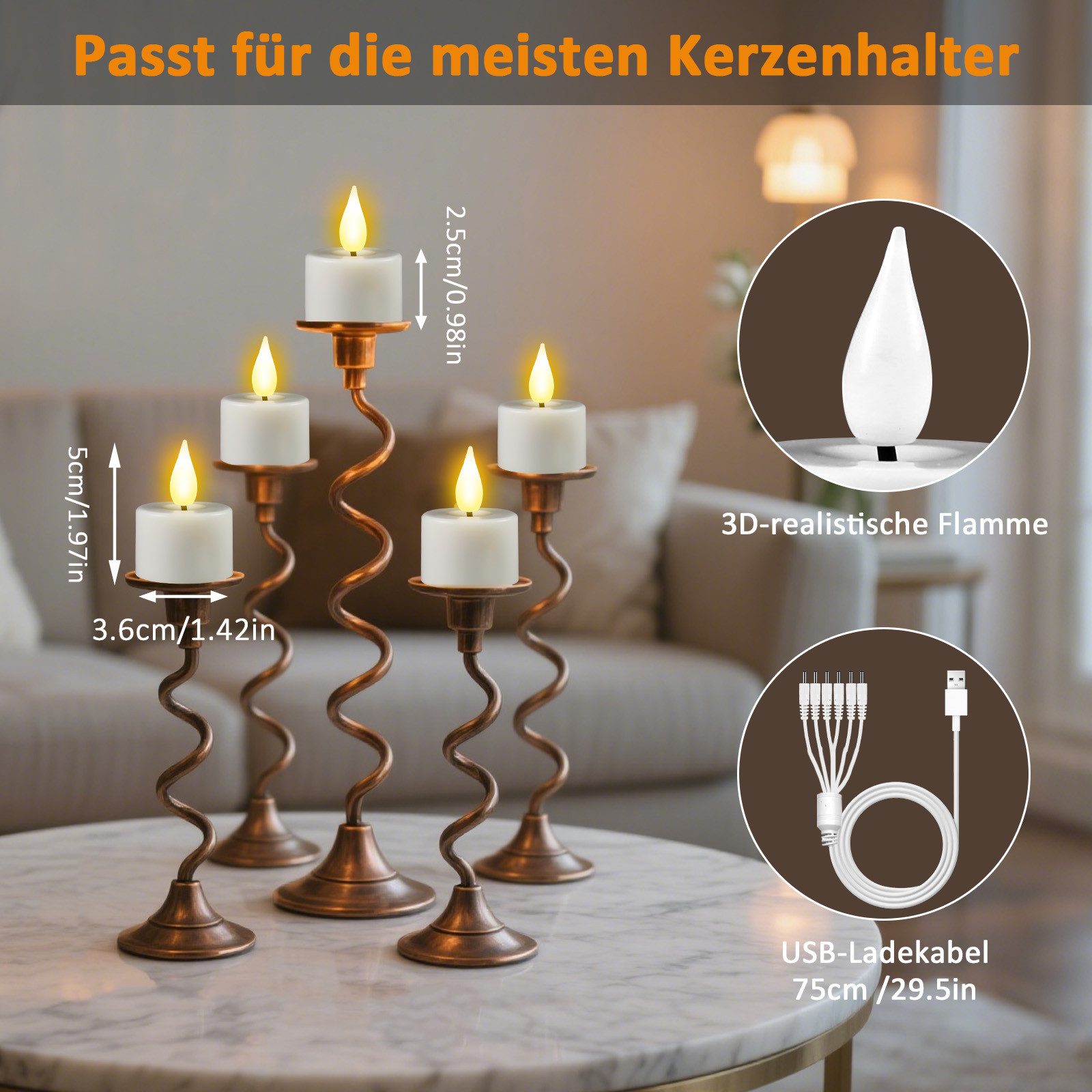 OZAVO LED-Teelichter 6/12er set Aufladbar LED Teelichter mit Timer Fernbedienung USB-Kabel, warmweiß, Flammenlose LED Teelichter Dimmbar für Hochzeiten Partys – Bild 5 von 5