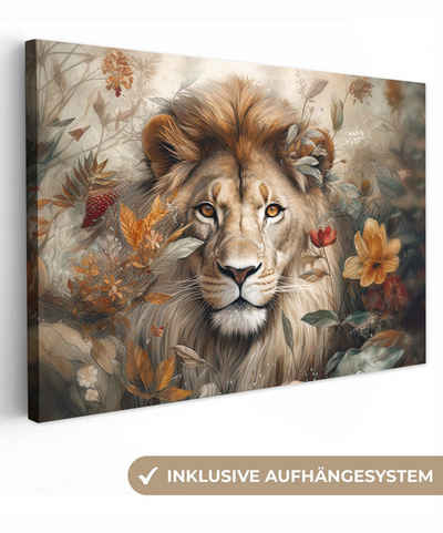 OneMillionCanvasses® Leinwandbild Löwe - Wildtiere - Pflanzen - Natur - Blumen, (1 St), Wandbild Leinwandbilder, Aufhängefertig, Wanddeko, 30x20 cm