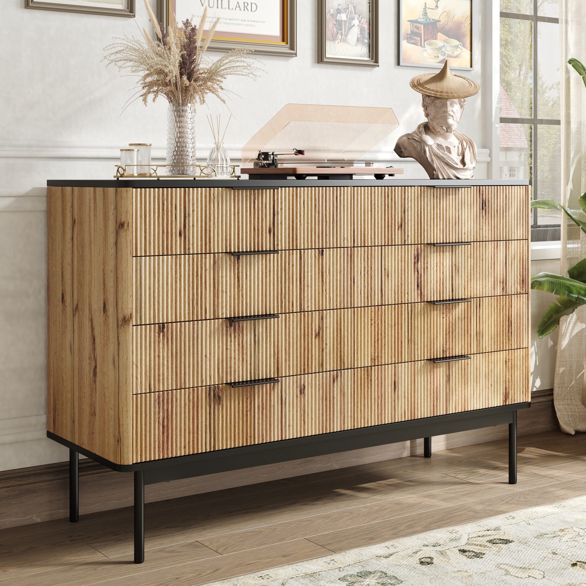 OKWISH Sideboard Sideboard 120x39,5x80 cm mit Schubladen und Holzoptik. (Packung, 1 St., Moderne Aufbewahrungsschränke und Schminktische), Mit 8 Schubladen auf Auszugsschienen