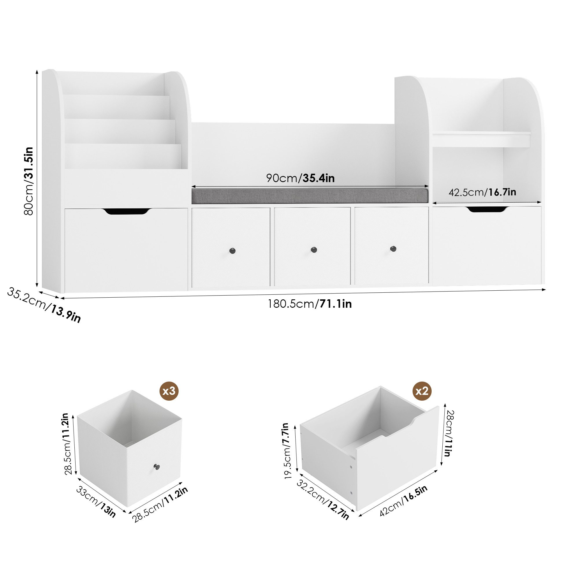 Homfa Kinderregal 180cm Sitzbank für Kinder mit 2 Schubladen auf Räder & 3 Stoffboxen, Spielzeugregal,Spielzeugtruhe, Kinderregal mit Bücherregal 180x35x80cm – Bild 3 von 5