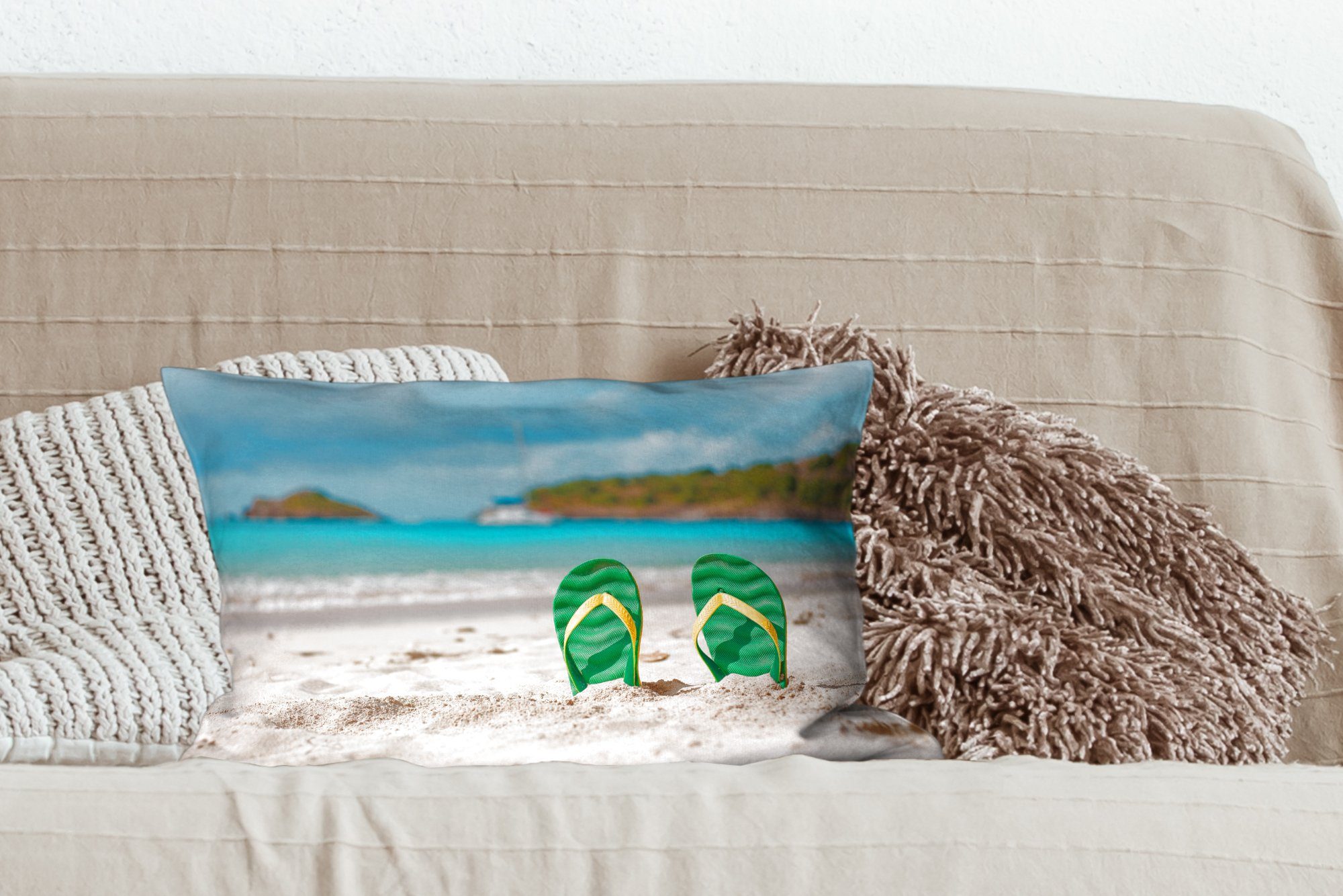 Strand Dekoration, Füllung, Dekokissen - MuchoWow Dekokissen - Grün, Wohzimmer Schlafzimmer Zierkissen, mit Pantoffeln