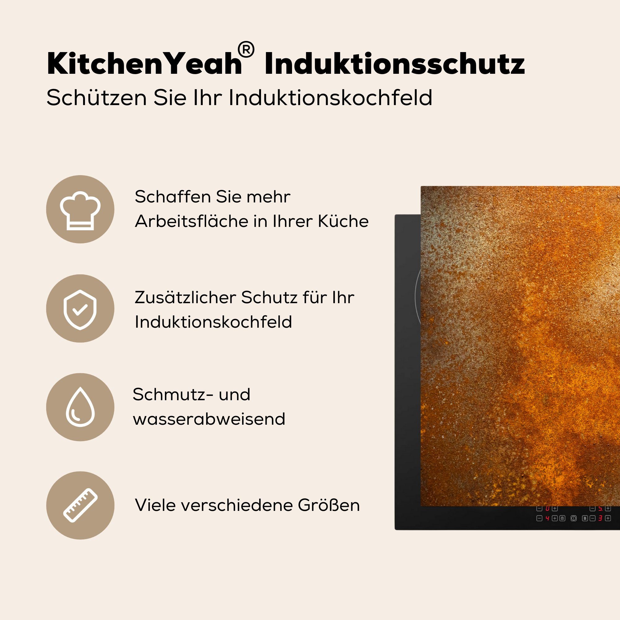MuchoWow Vintage 77x59 - - küche Vinyl, (1 cm, Metall Herdblende-/Abdeckplatte tlg), Arbeitsplatte für Rost - Ceranfeldabdeckung, - Industriell, Orange