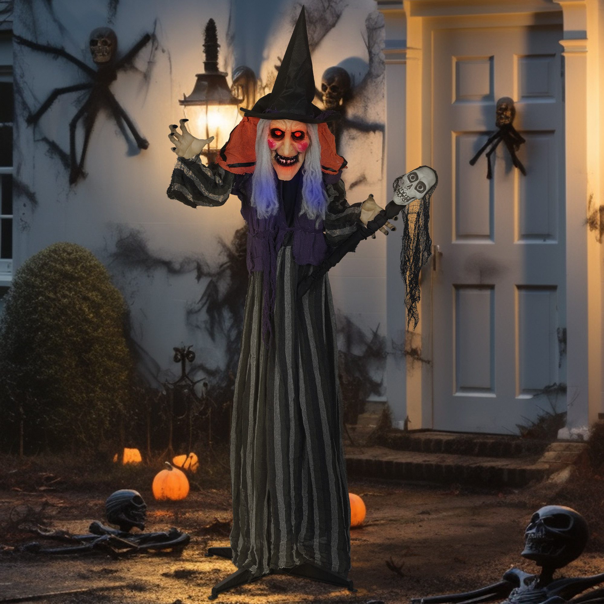 Outsunny Dekofigur mit LED-Lichter, Soundfunktion, verstellbare Arme, Körper (Halloween Hexe, 1 St., 160 cm Halloween Dekoration), Garten Dekofigur in Lebensgröße für Party
