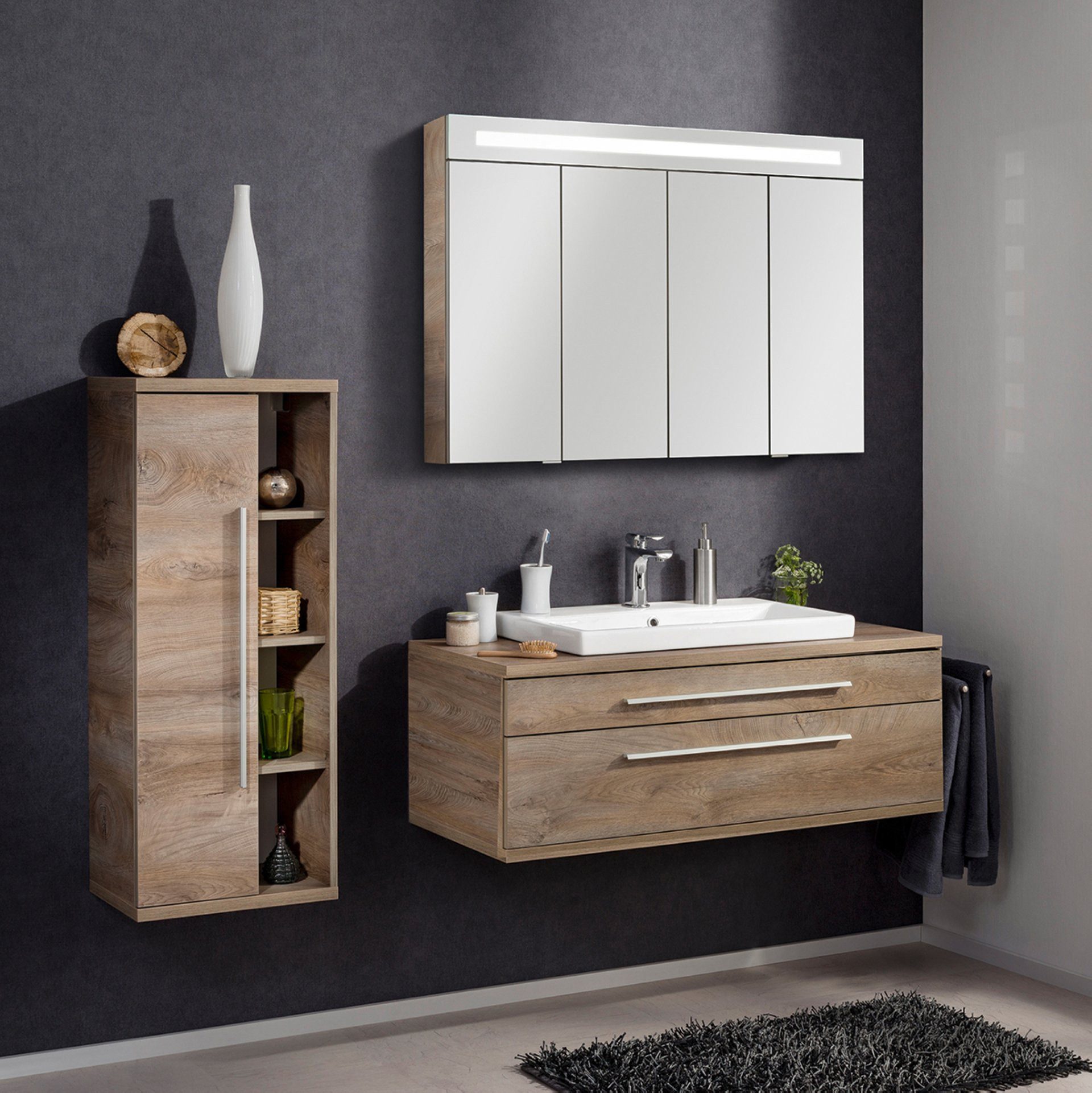 FACKELMANN Badmöbel-Set STANFORD 110 cm breit, Braun, Keramik, Spiegelschrank + Midischrank