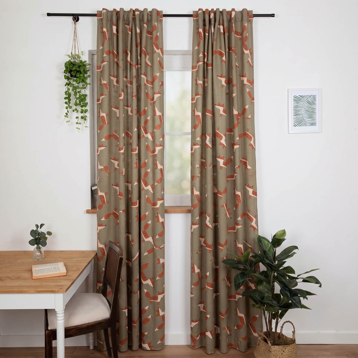 SCHÖNER LEBEN. Vorhang Vorhang Leinenlook Füchse grün braun 245x130cm, Smokband, blickdicht, Baumwolle, aus recyceltem Material