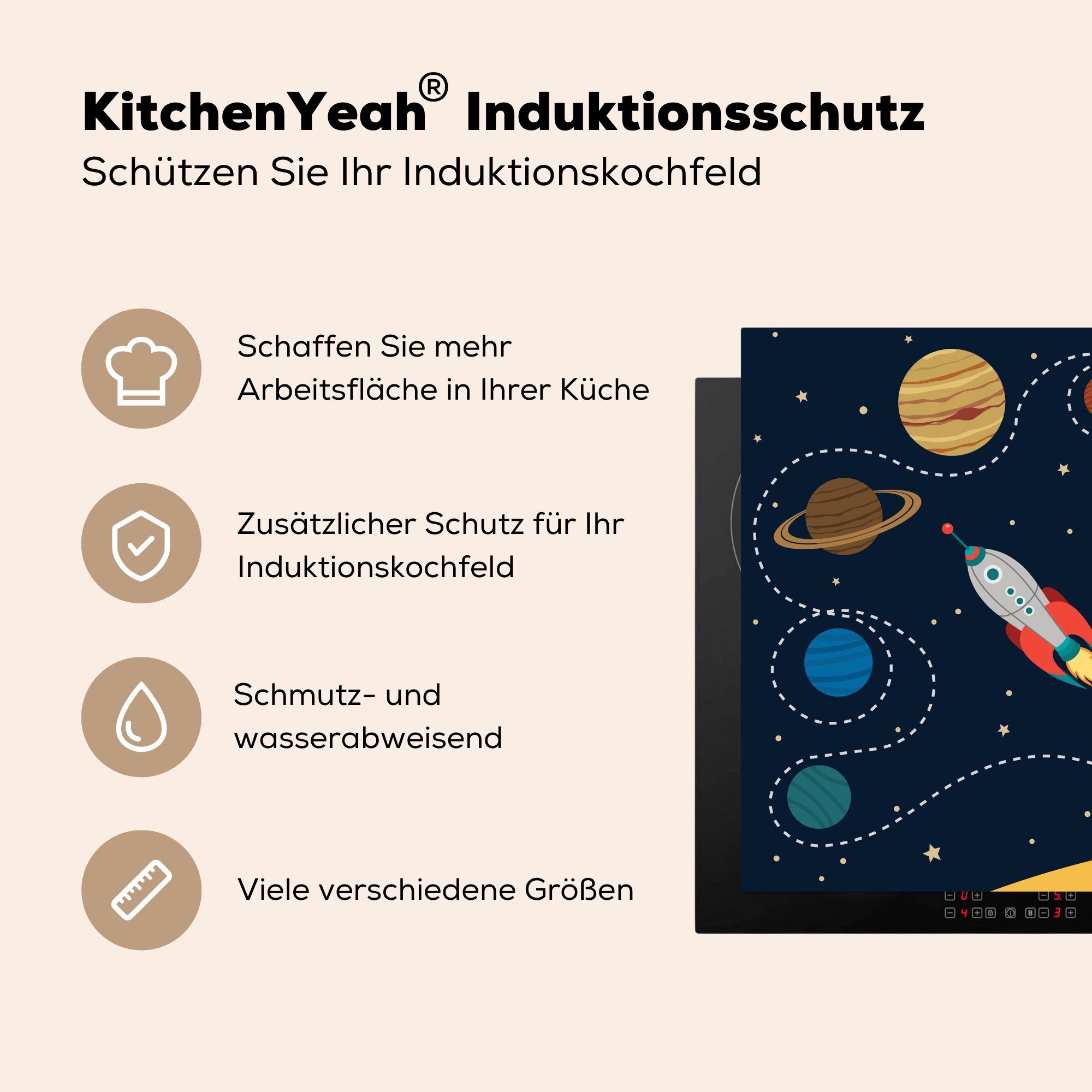 Illustration Ceranfeldabdeckung, fliegt, Rakete, einer die Eine tlg), das Sonnensystem Herdblende-/Abdeckplatte 78x78 Arbeitsplatte küche MuchoWow für durch cm, (1 Vinyl,