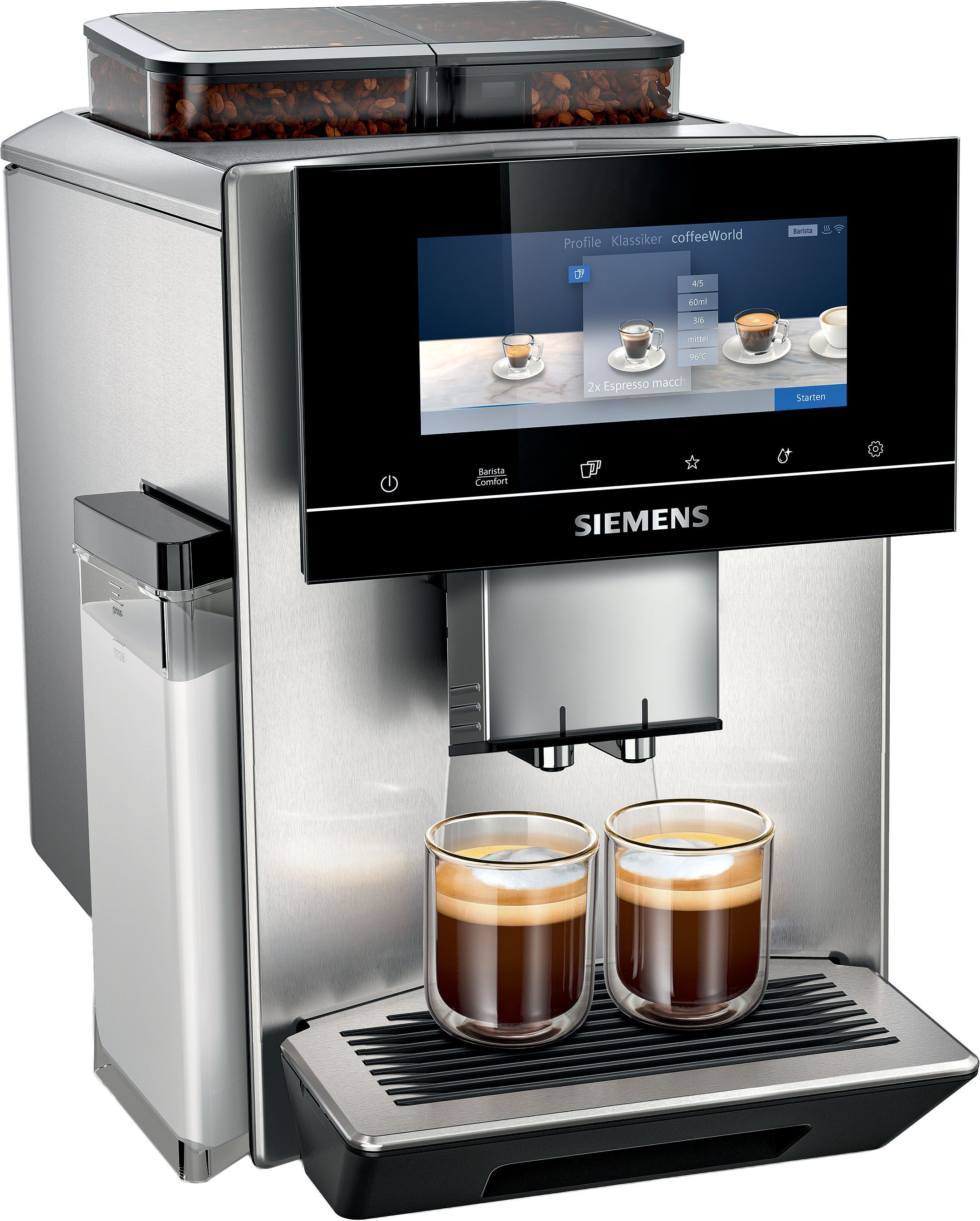 SIEMENS Kaffeevollautomat EQ900 TQ907D03, intuitives 6,8" TFT-Display, 2 Bohnenbehälter, Barista-Modus, App, Geräuschreduzierung, 10 Profile, edelstahl