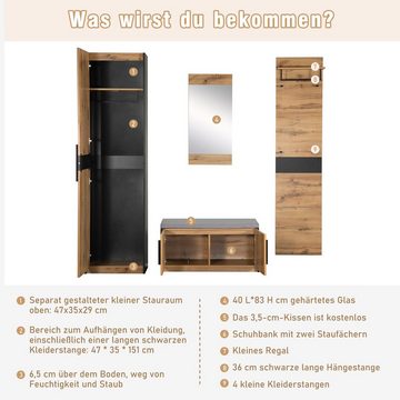 Merax Garderoben-Set Flurgarderoben Set in Wildeiche, (4-St), Kompaktgarderobe mit Spiegel für Ihren Eingangsbereich