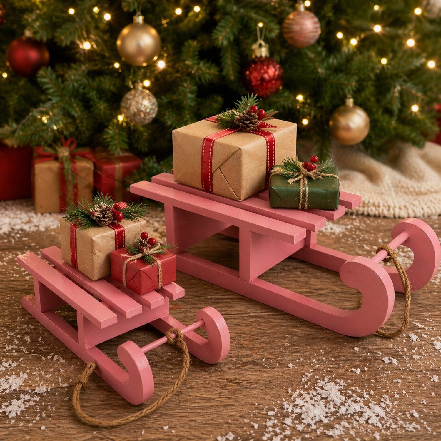 Online-Fuchs Dekofigur - 2 Schlitten aus Holz als Weihnachtsbaum Dekoration - Winterdeko (inklusive Bastseil, charmantes, nostalgisches Design), 25 und 37 cm lang