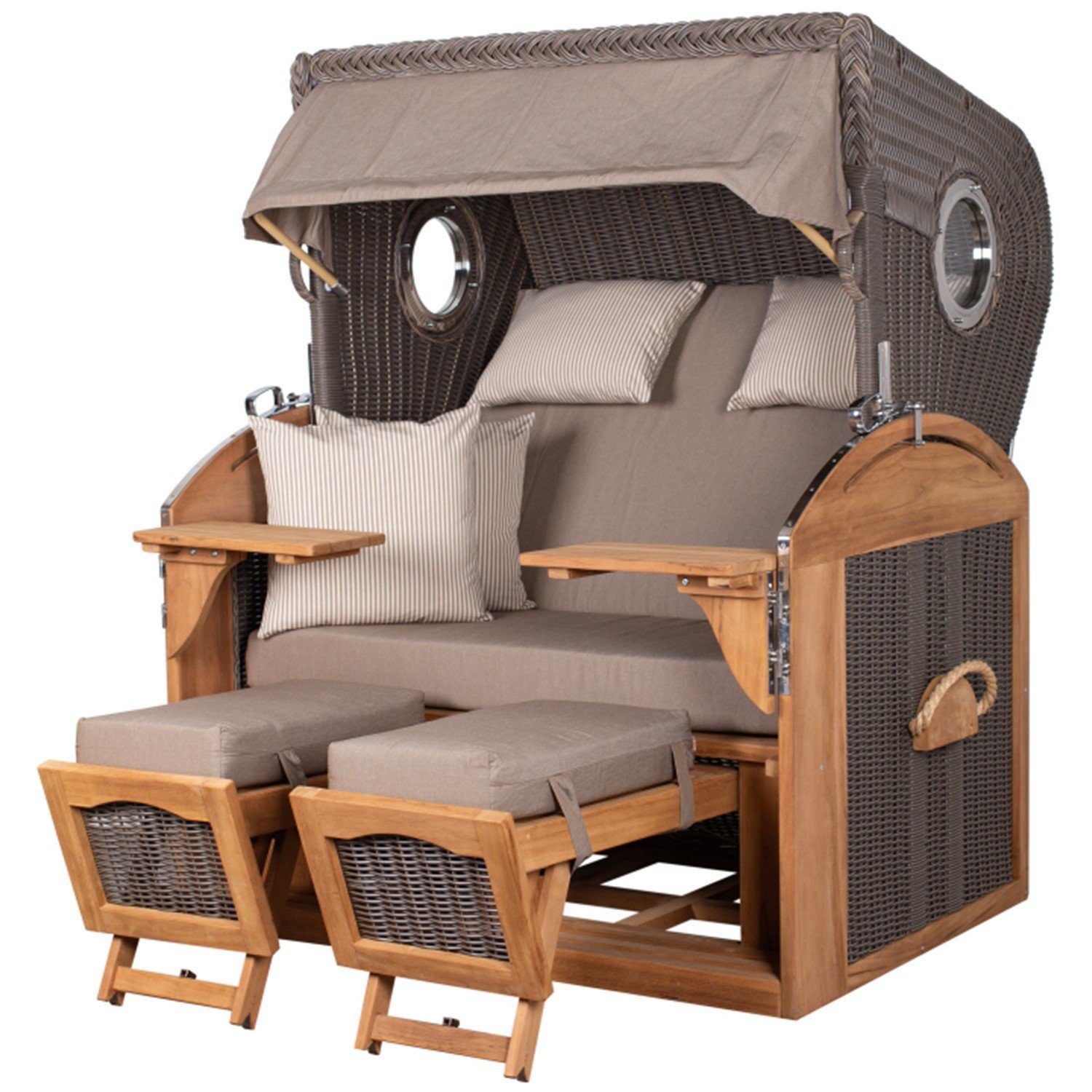 bene living Strandkorb Borkum XL Teak - PE grau - Modell 534, BxTxH: 142x95x170 cm, Volllieger ca. 180 Grad, Nordsee-Strandkorb Komplettset, inkl. Liftersystem und Bullaugen