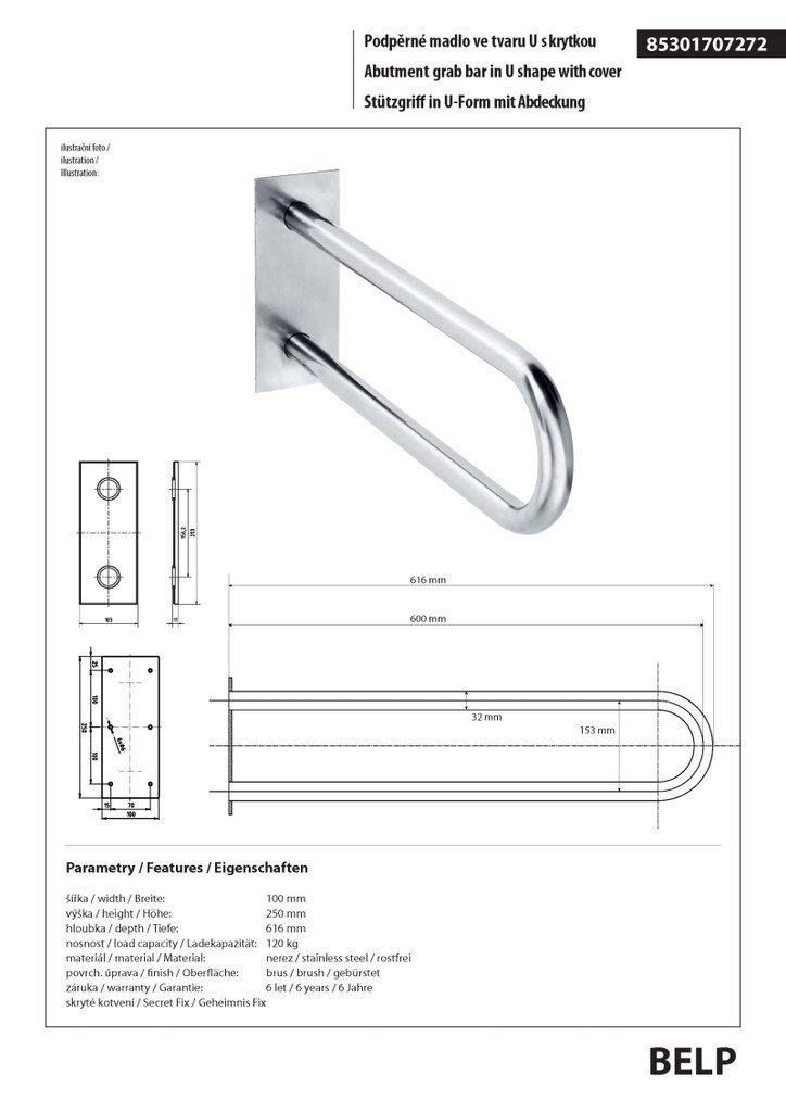 BRILLANTBAD® Stützklappgriff BELP Stützgriff U-Form Edelstahl gebürstet für Bad & WC >> Bohren