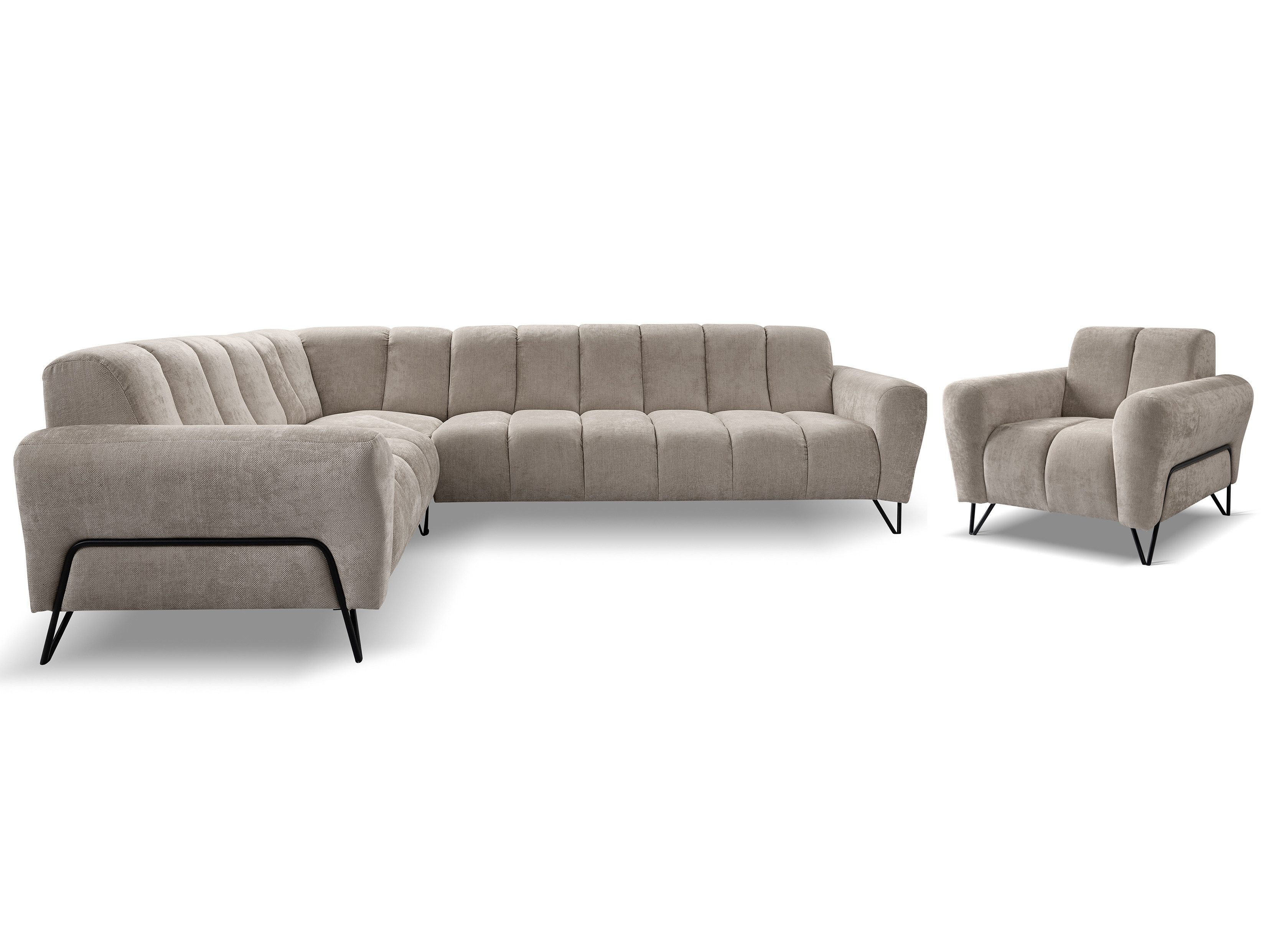 Beautysofa Polstergarnitur im modernen Stil auf hohen Metallbeinen VOLARE, (Sofagarnitur aus Chenille-Stoff, Beige Grau, Ecksofa L + Sessel Set moderne Couchgar – Bild 2 von 5