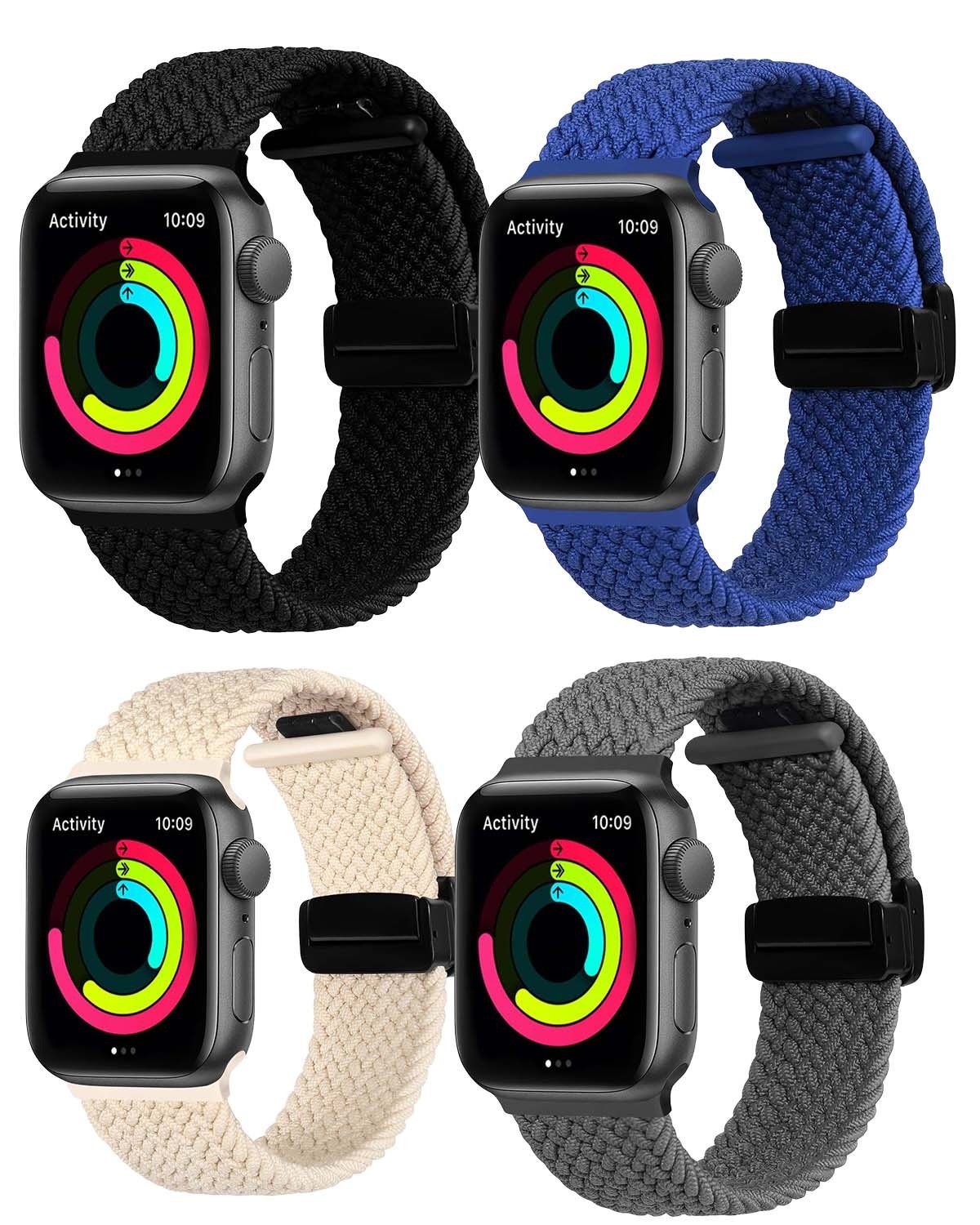 FIDDY Smartwatch-Armband 4er-Pack kompatibler gewebter Apple Watch-Armbänder, Elastisches Apple-Watch-Armband für Damen und Herren der iWatch-Serie