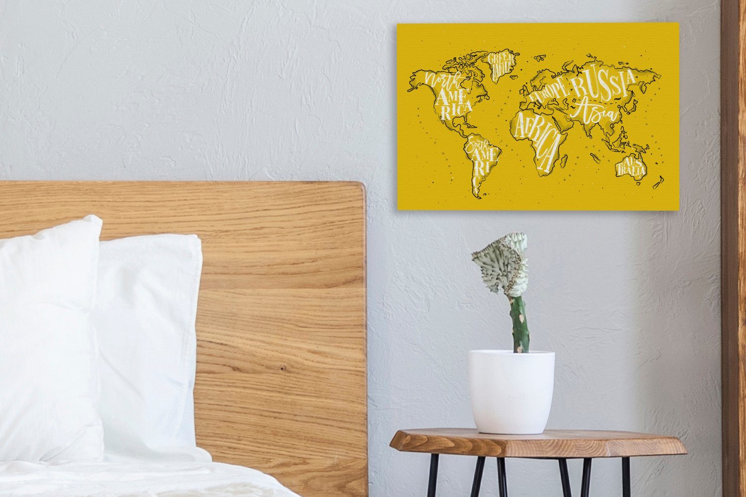 (1 - - Leinwandbild 30x20 Wandbild OneMillionCanvasses® Gelb Wanddeko, Weiß cm - Aufhängefertig, Weltkarte St), Einfach, Leinwandbilder,