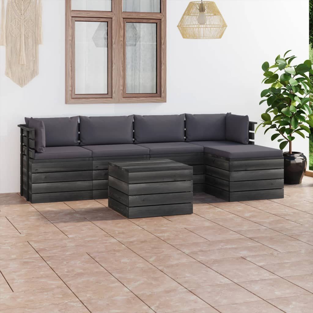 vidaXL Gartenlounge-Set 6-tlg. Garten-Sofagarnitur aus Paletten mit Kissen Kiefernholz, (6-tlg) Anthrazit