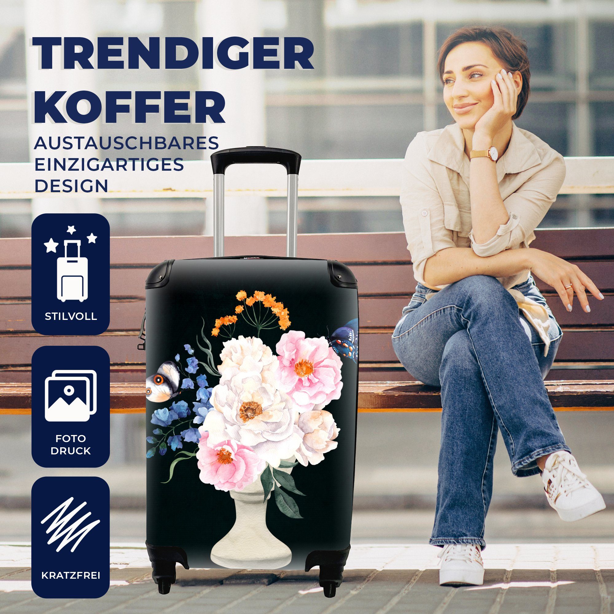 Handgepäckkoffer - Aquarell Handgepäck Schmetterlinge, - für Trolley, Rollen, MuchoWow mit Reisekoffer Ferien, 4 rollen, Stillleben Reisetasche